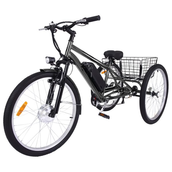 2025 26 Inch Adult 3 Wheel Electric Tricycle with Basket, Fat Tires,7 Speeds,350W Powerful Motor, 36V 10Ah Removable Battery Dark Gray