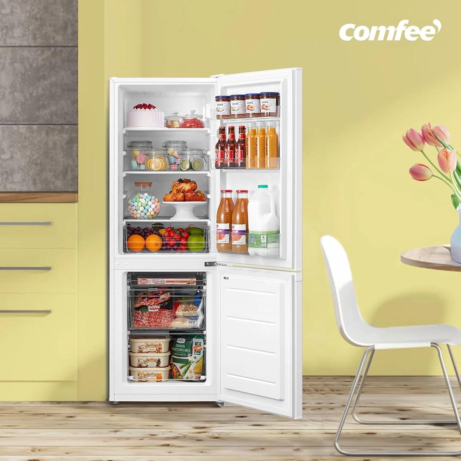 Comfee' RCB169DK3 Kühlschrank mit Gefrierfach 150cm Höhe/Kühl-/Gefrierkombination/Low Frost/174L/leise Kühlgefrierkombi 38dB/Einstellbare Kühlschranktemperatur/LED-Licht/156 kWh/Jahr/Schwarz