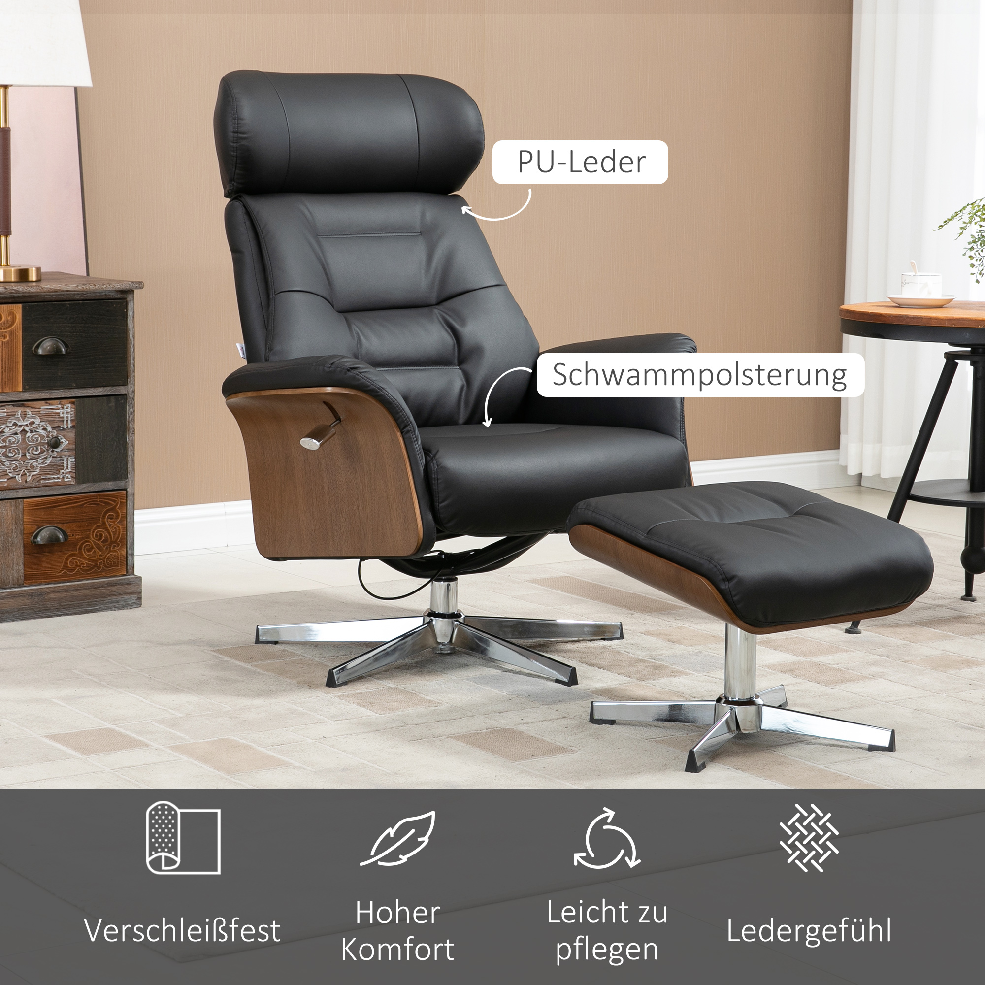 HOMCOM Fauteuil met voetenbank, 360° draaibaar, ligfunctie, leesstoel, zwart, 80 x 84 x 108 cm