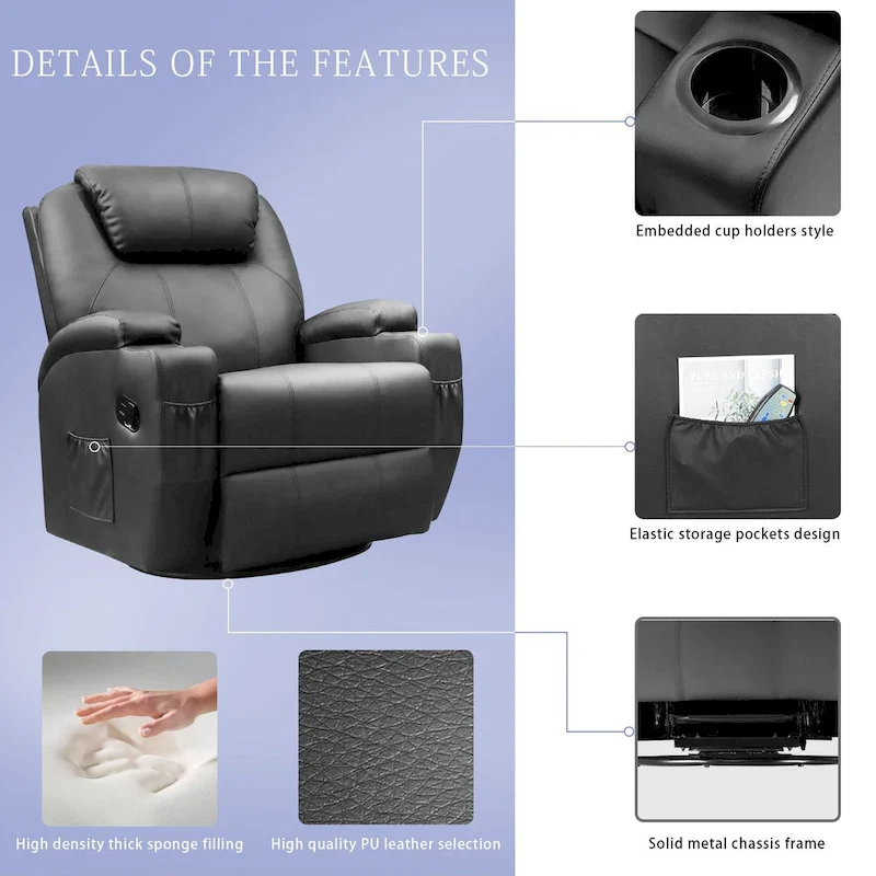 Massage Recliner Chair Swivel Heating Faux Leather Living Room Chair