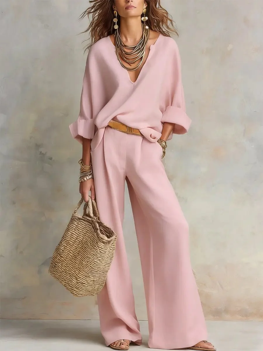 Women��s Two-Piece Pants Set Relaxed V-Neck Wide Leg Style