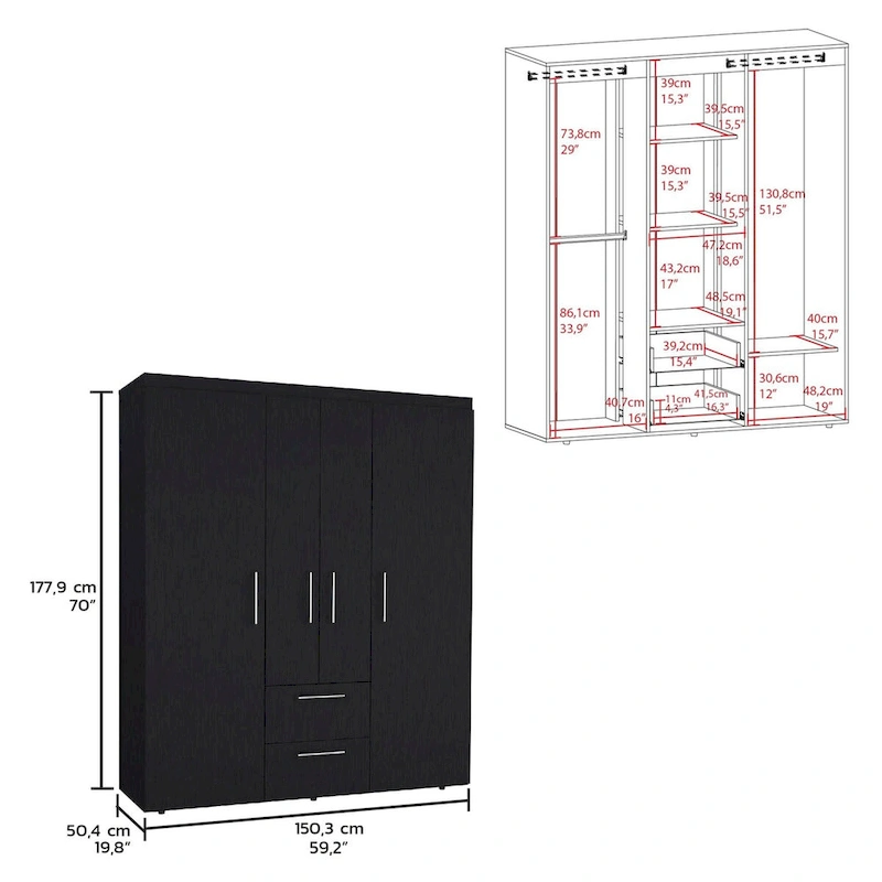 Bariloche Armoire with Hanging Rods, Shelves, 2 Drawers