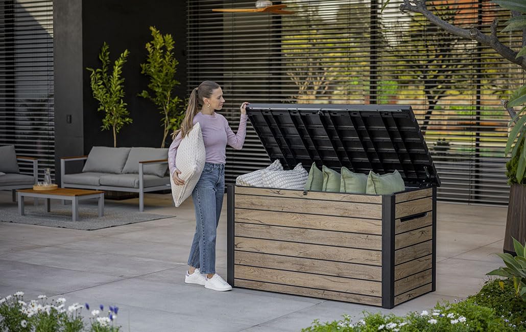 Keter Ontario Auflagenbox/Kissenbox 870 Liter | 100% Wasserdicht mit Belüftung dadurch kein übler Geruch/Schimmel Moderne Holzoptik | Deckel mit Gasdruckfedern