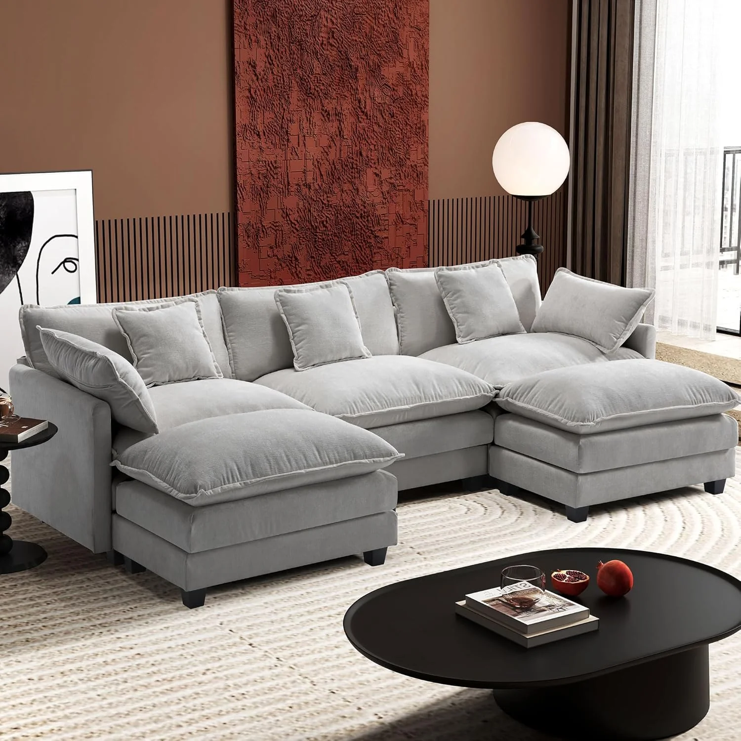 111.4 Inch L-Shaped Modern Sofa Modular Cloud Sofa Ottoman 4-Seater Chenille Deep Seat Sofa