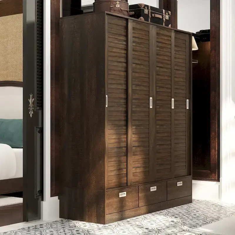 Closet Cabinet Wardrobe Armoire with Drawers, Hanging Rod Brown