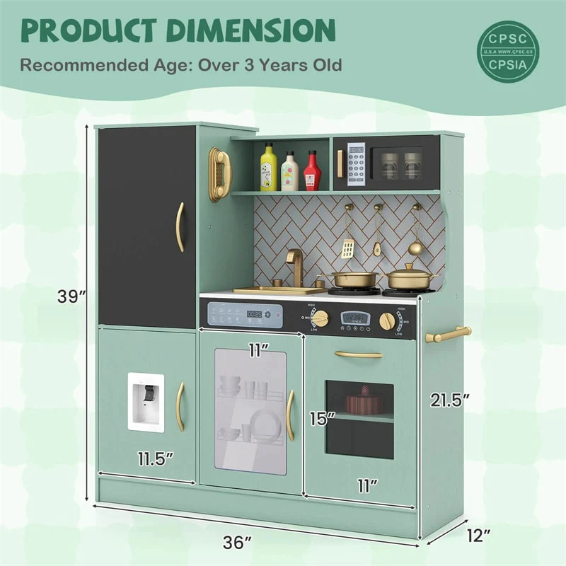 Large Wooden Kids Kitchen Playset, Little Chef Pretend Toy Kitchen Set w/Chalkboard, Microwave, Real Sounds & Lights for Toddlers Age 3+