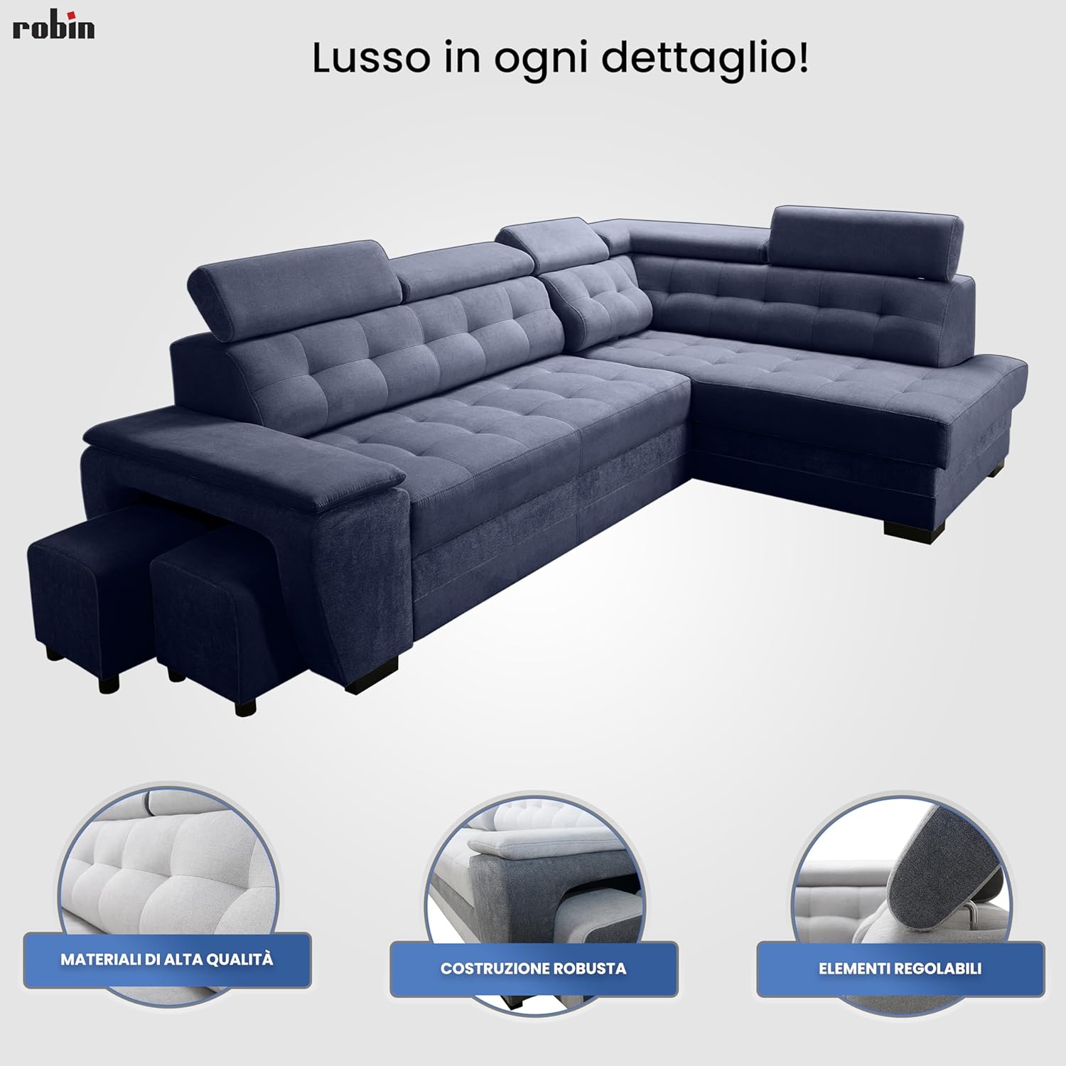 Robin Grand Divano angolare con funzione di letto cassetto per la biancheria due pouf poggiatesta regolabile angolo a sinistra grigio scuro 277 x 180 x 100