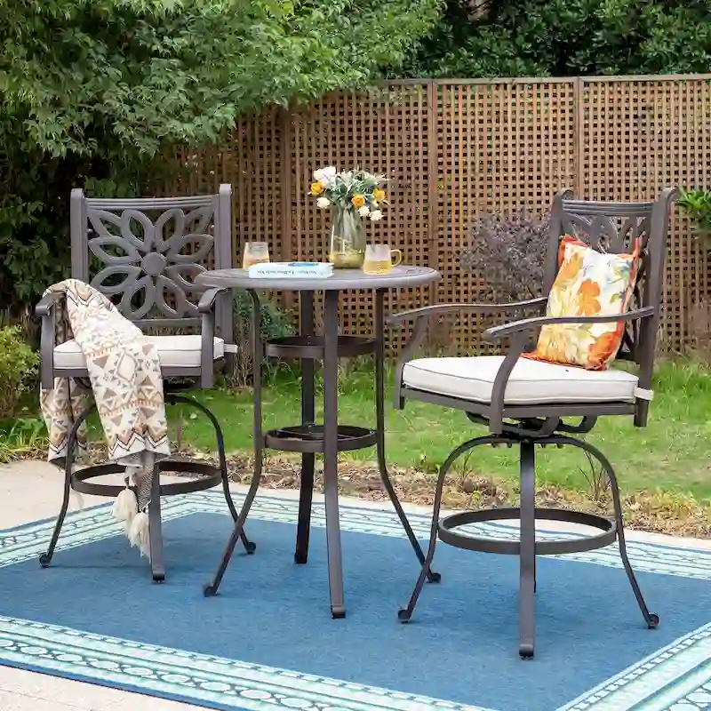 MAISON ARTS 3-Piece Cast Aluminum Patio Bar Stool Set of 1 Bar Table & 2 Swivel High Bar Stools