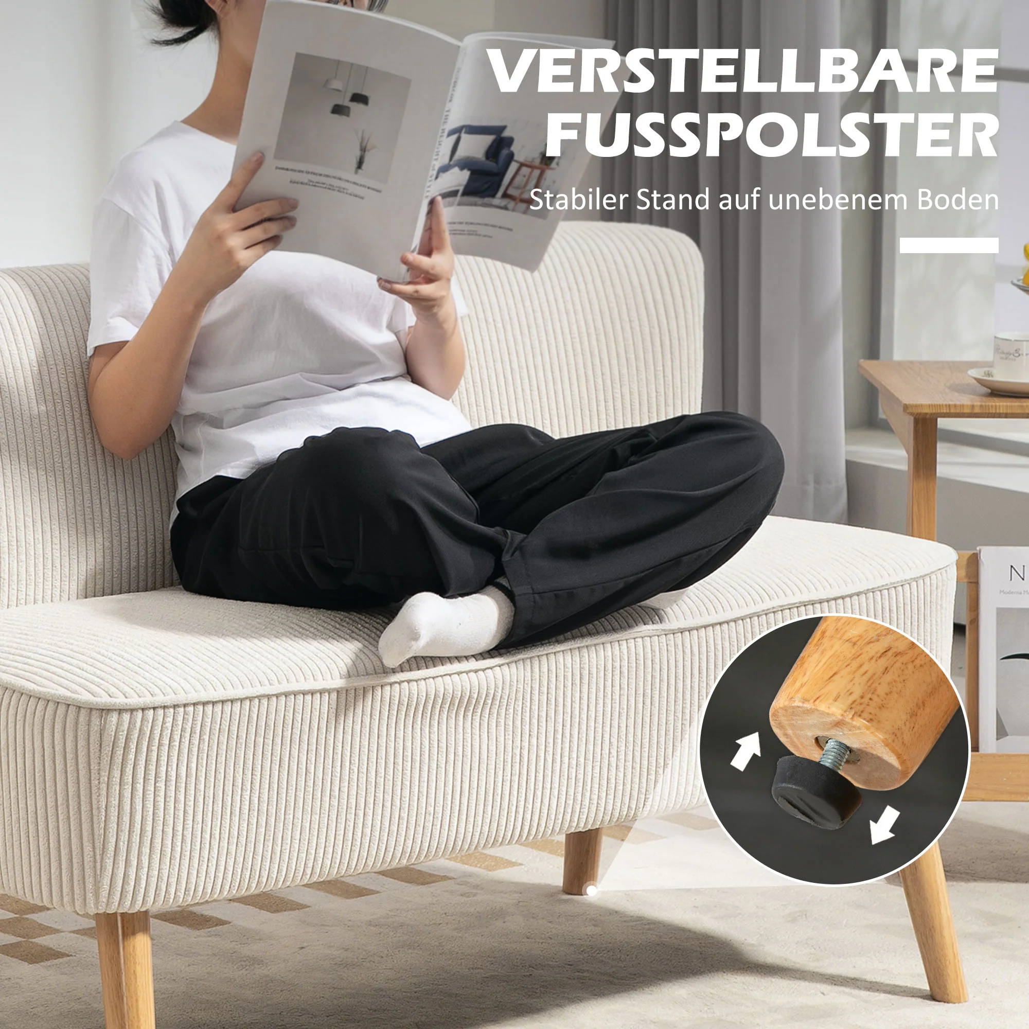 HOMCOM Tweezitsbank, Zachte Bekleding, Onderhoudsvriendelijk, Tot 150 kg Belastbaar, 117 x 56,5 x 77 cm, Crème Wit