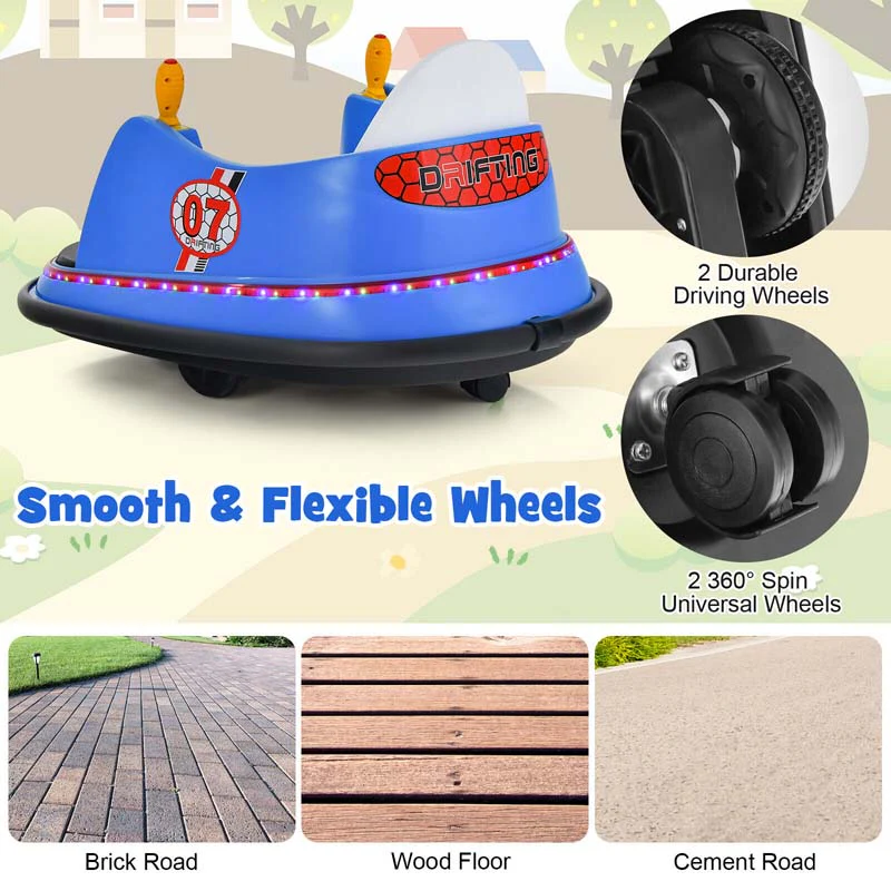 12V Toddler Bumping Car, Battery Powered Baby Ride on Bumper Car with Dual Joysticks, Flashing LED Light & 360 Degree Spin