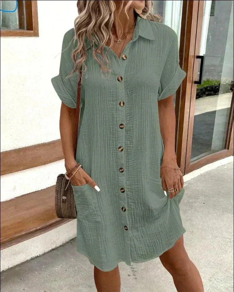Women��s Relaxed-Fit Shirt Dress Breathable Cotton-Linen with Pockets