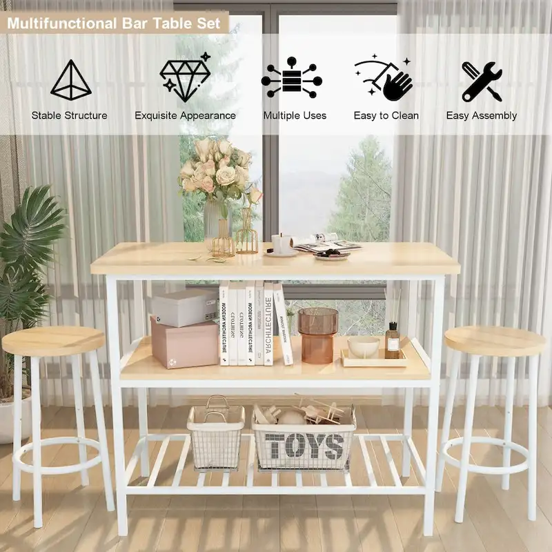 Kitchen Island with 2 Stools and Open Shelves
