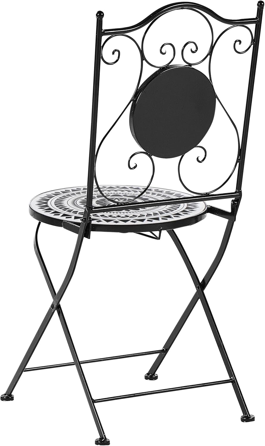 Beliani Balkonset 3-teilig Eisen schwarz/weiß Mosaik Tisch mit 2 Stühlen klappbar Comiso
