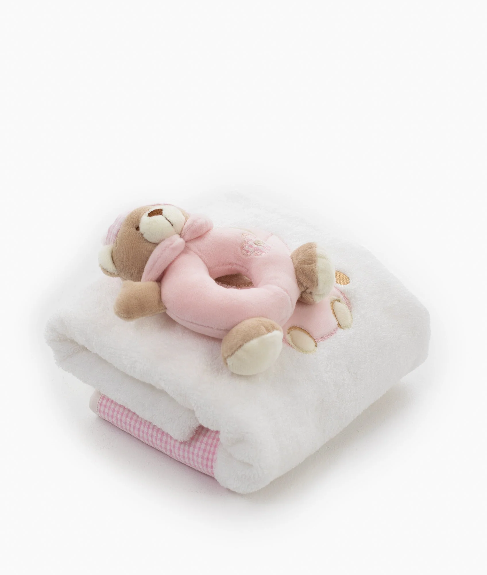 Bath Towel & Rattle Set | White & Pink