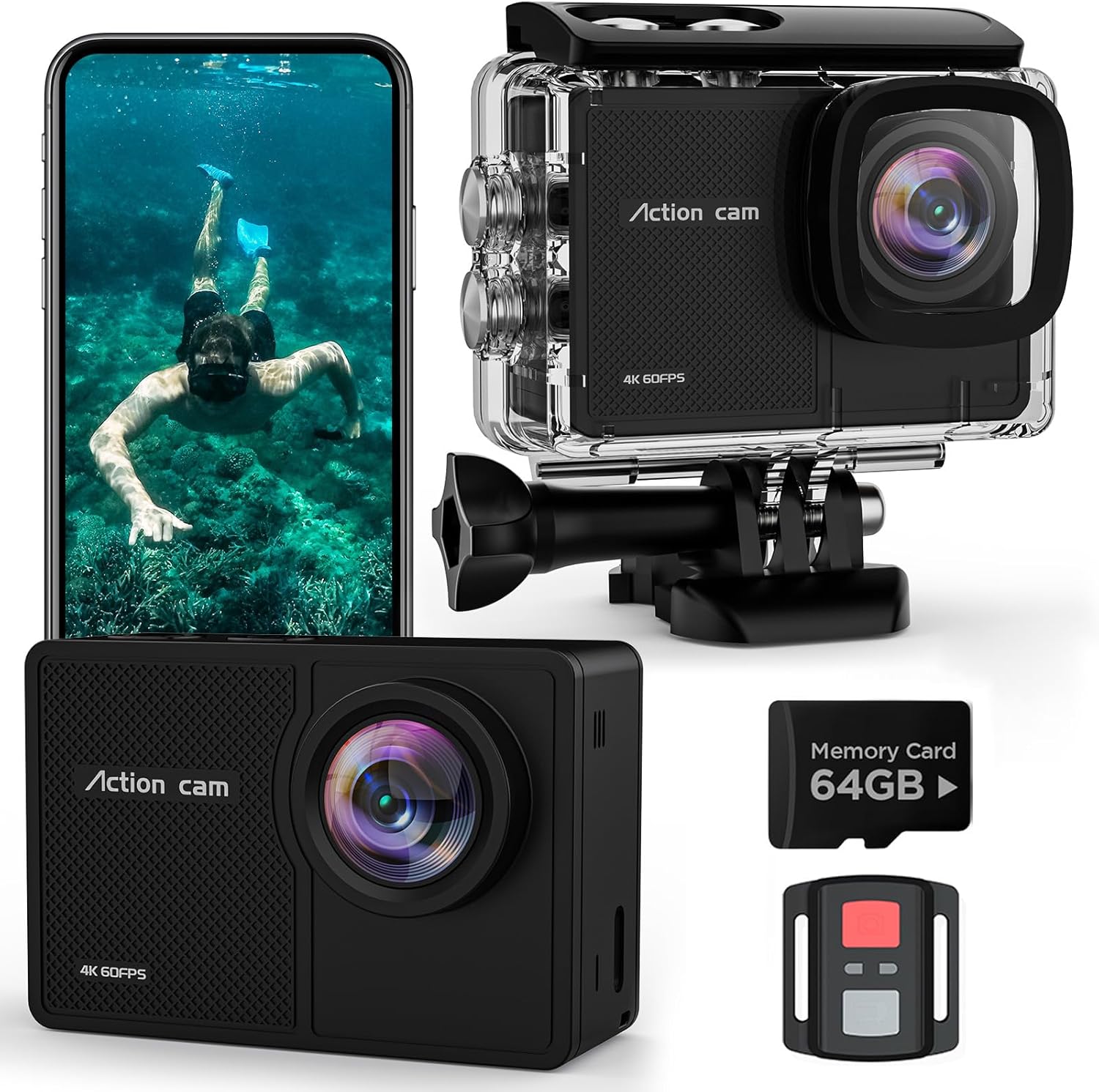 TIMNUT 4K 60FPS Action Cam, 40M Fotocamera Subacquea con scheda SD da 64 GB, 48MP HD WIFI Videocamera con Telecomando,EIS Telecamera Sott'acqua,2x1350mAh Batterie e Accessori di Montagg