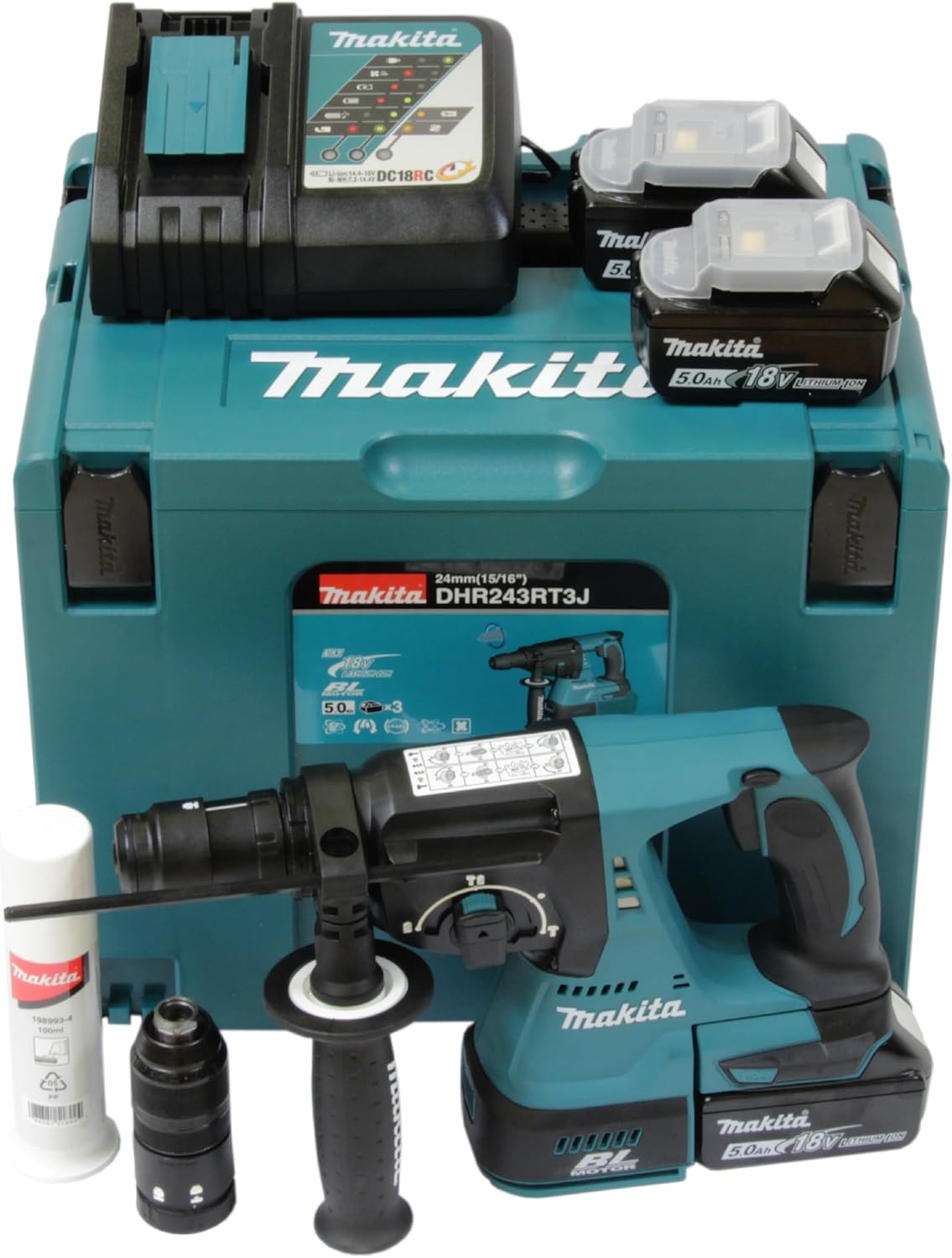 Makita DHR243RT3J Akku-Bohrhammer Set, 18V, 5.0Ah, mit 3 Akkus und Ladegerät im MAKPAC Transportkoffer