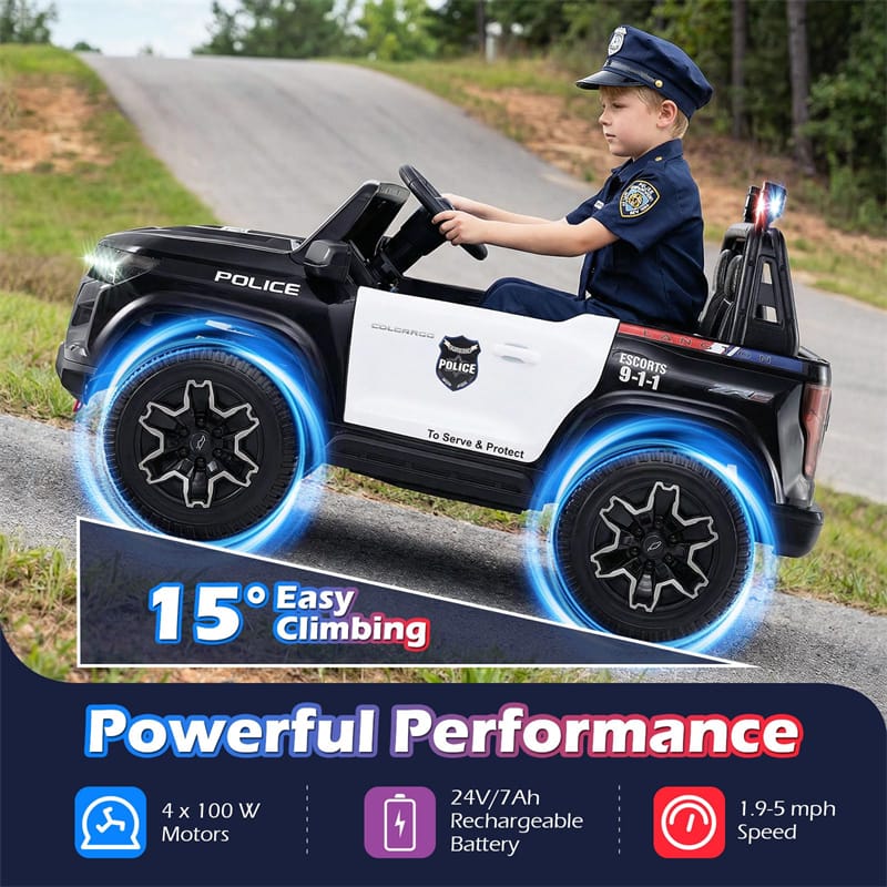 24V 4WD 2-Seater Ride on Police Car, Licensed Chevrolet Kids Electric Vehicle with Remote Control, Megaphone, Siren, Flashing LED Lights & Storage