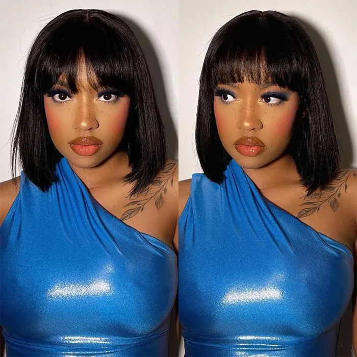 BOGO SALE|Wear & Go Straight Short Bob Wig With Bangs Machinemade Human Hair Glueless Wigs 220% Density