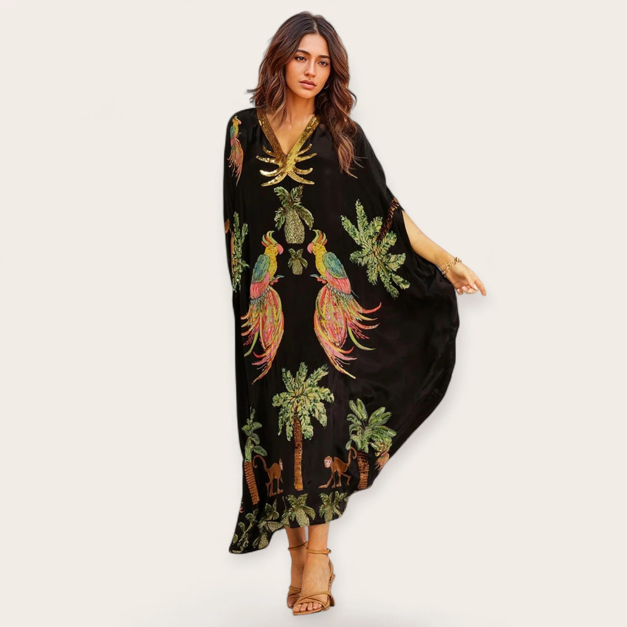 Women��s Tropical Print Kaftan Dress Loose-Fitting Summer Style