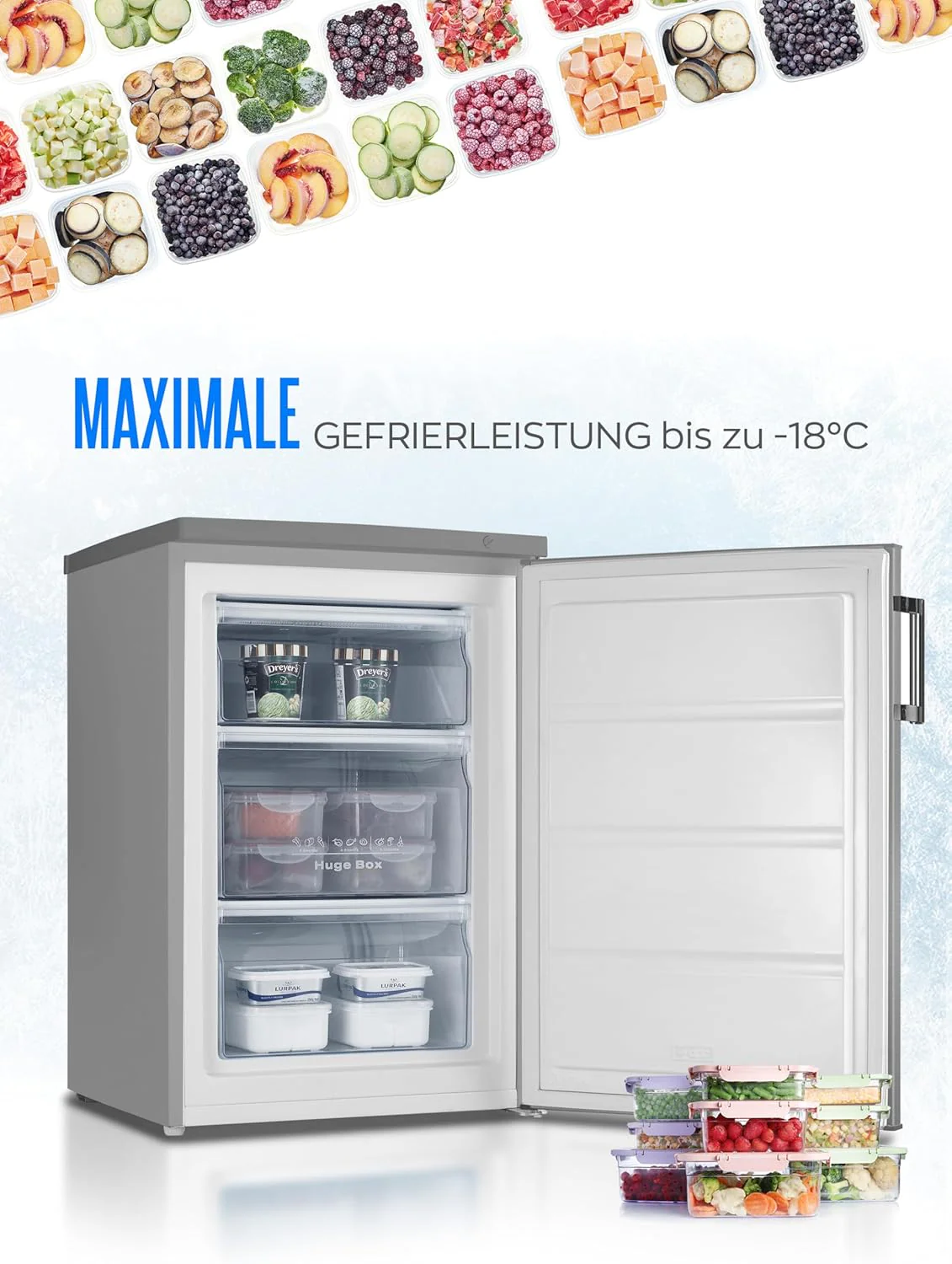 Heinrich´s Gefrierschrank 61Liter -18°C Freezer, 3x Gefrierschublade, 7 Stufen Temperaturregler, Airflow, wechselbarer Türanschlag weiß
