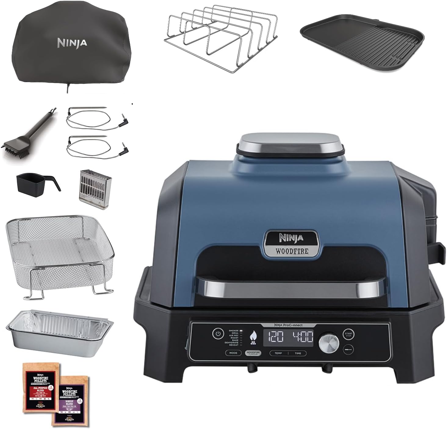Ninja Woodfire Electric BBQ Grill & Smoker & Air Fryer, 7-in-1 Outdoor BBQ Grill, Air Fry, Smoke, Roast, Bake and more, Weather Resistant, Non-Stick, Portable, Electric, Grey/Black OG701EU