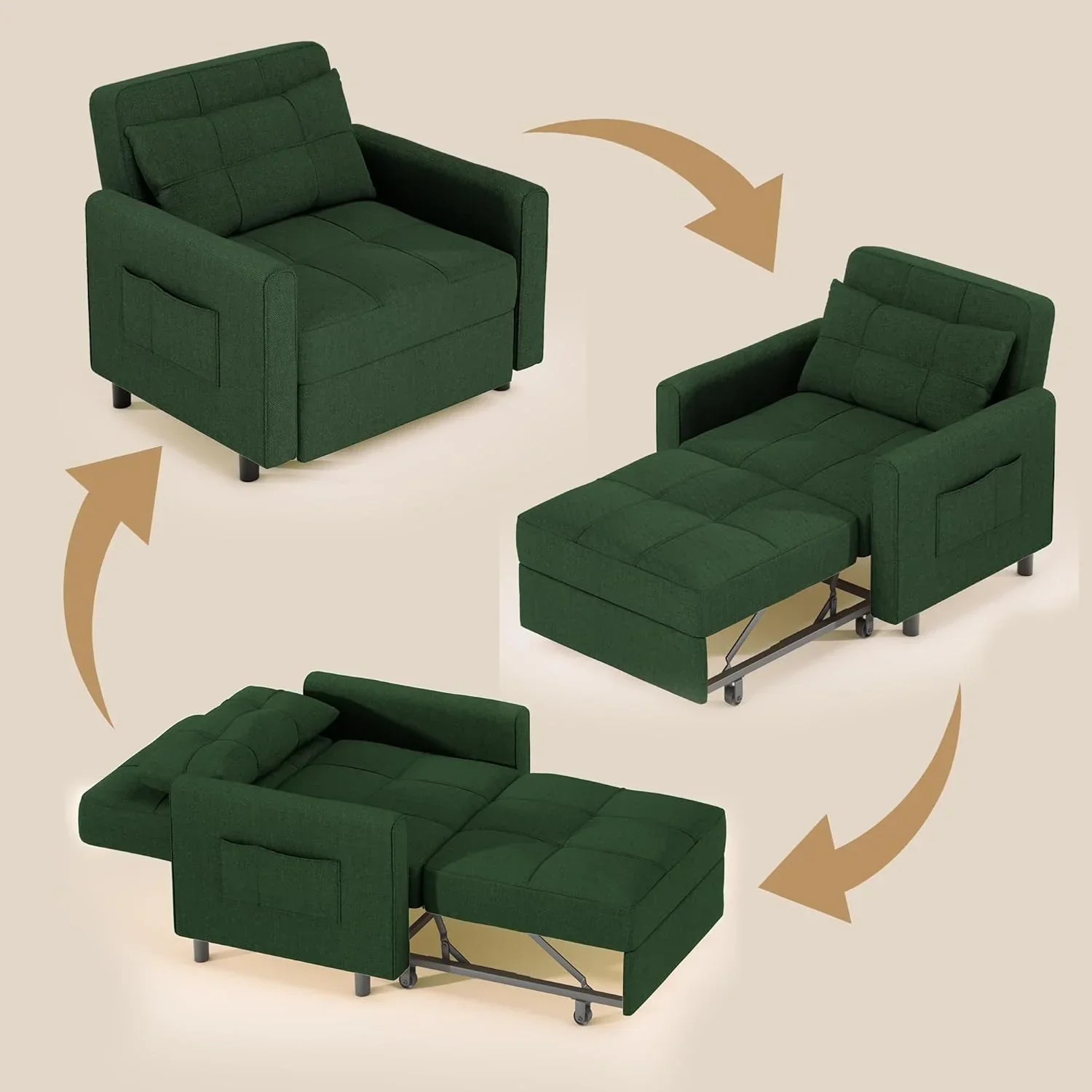 Sofa Bed Chair 3 in 1 Convertible Pullout Single Sleeper Chair Bed Spacious Multifunctional Sofa