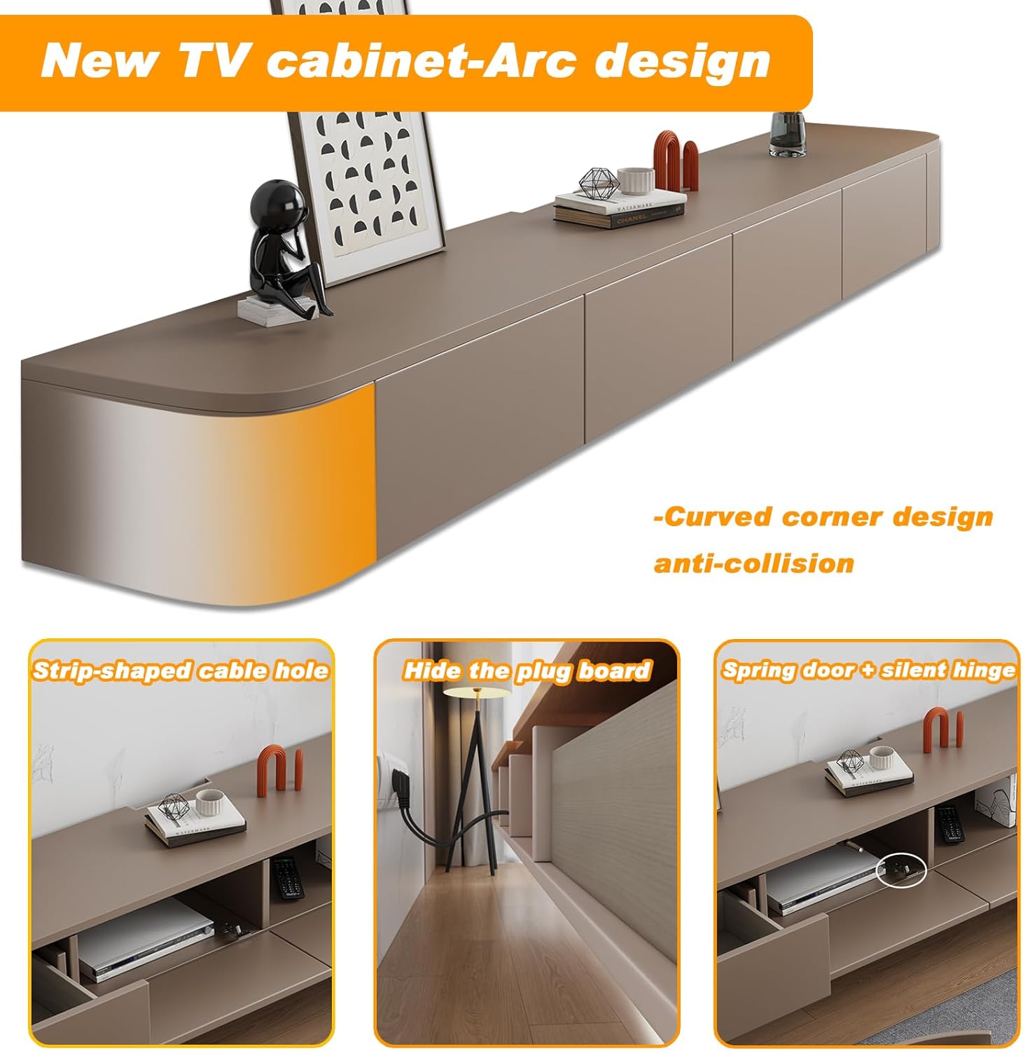Schwebender TV-Ständer, Wandmontierte TV-Regale Mit Tür, TV-Medienkonsole, Schwebender TV-Schrank, Große TV-Bank Mit Stauraum Unter Dem Fernseher(Khaki,300CM/118.1