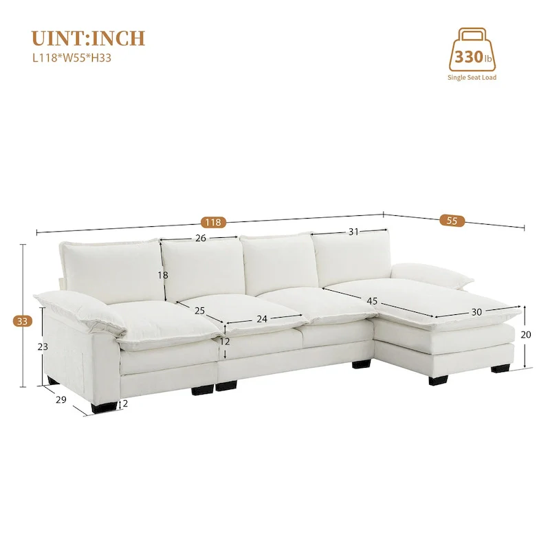 Modern 5-Seat L-Shaped Cloud Sleeper Sofa Couch with Chaise Lounge with Double Seat Cushions