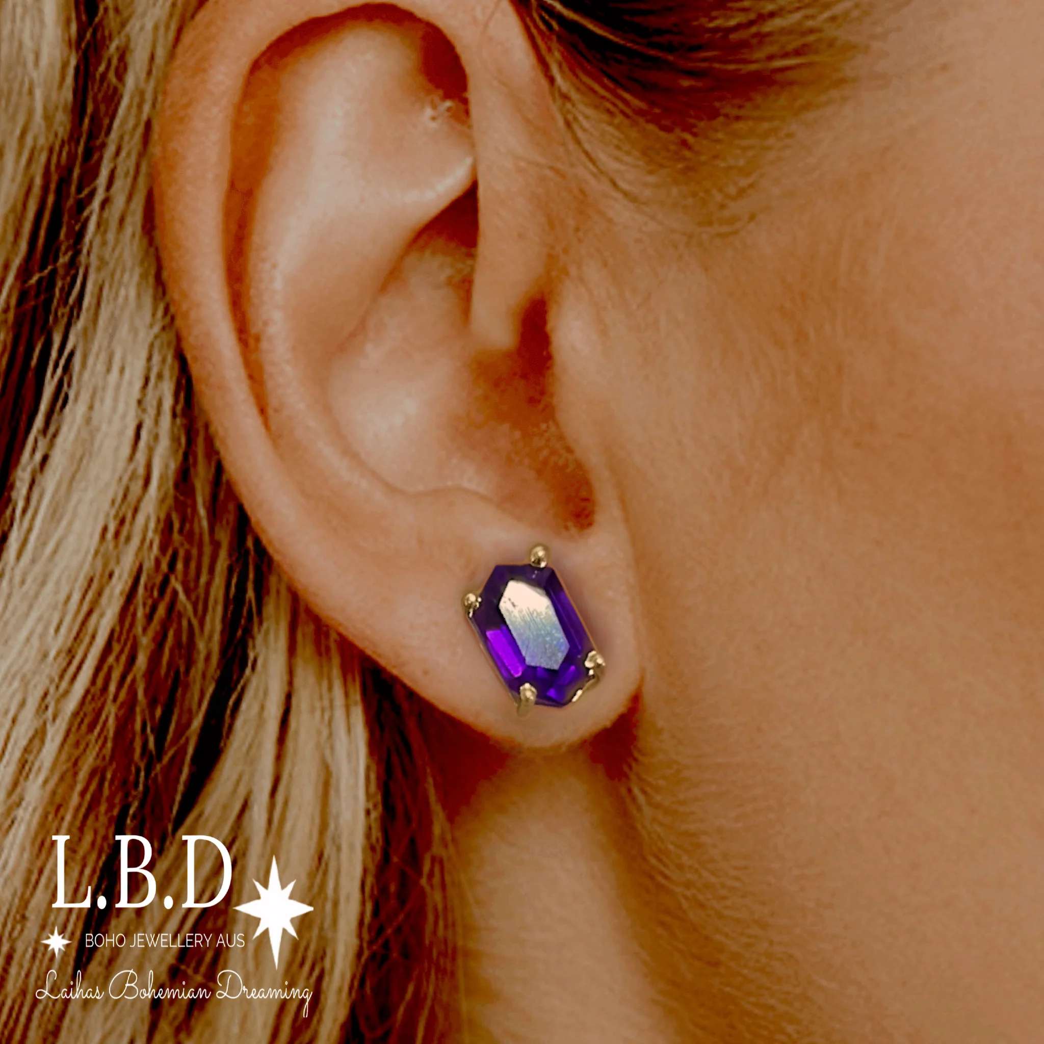 Laihas Hex Crystal Gold Amethyst Stud Earrings