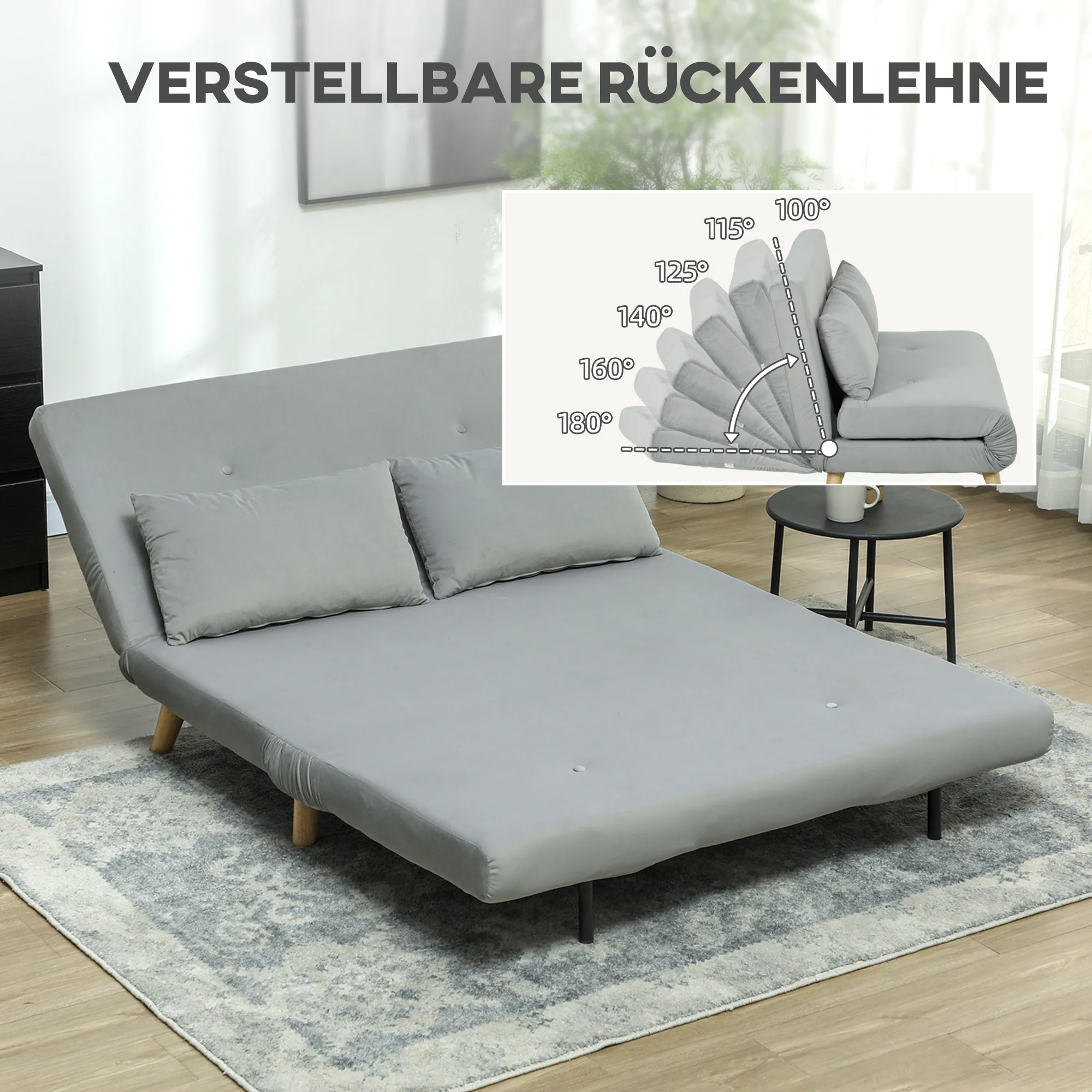 HOMCOM Slaapbank Relaxbank Bank Sofa, incl. 2 Kussens, Fluweel Look, 130 x 78 x 79 cm, Lichtgrijs