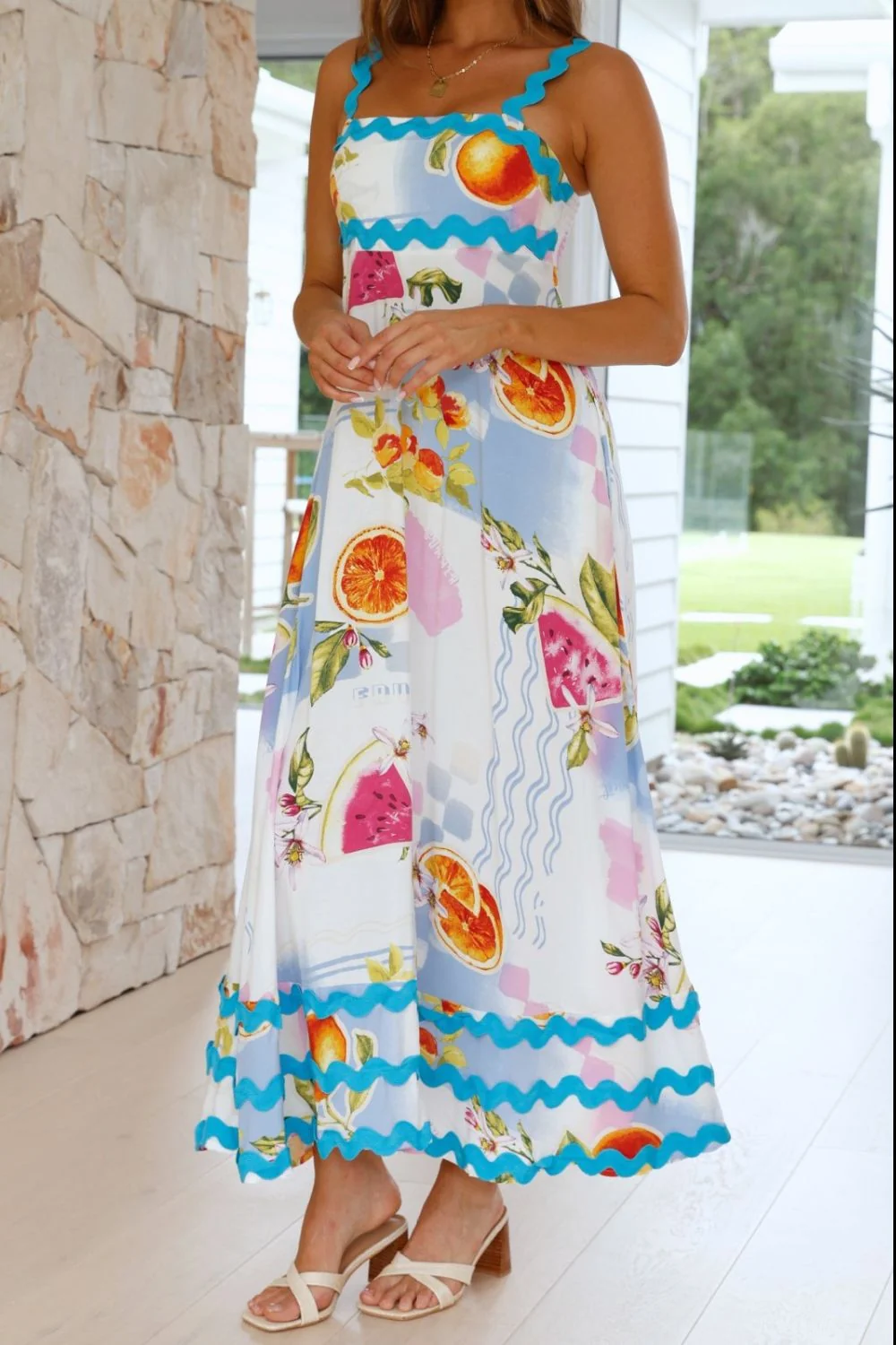 Printed Square Neck Wide Strap Dress