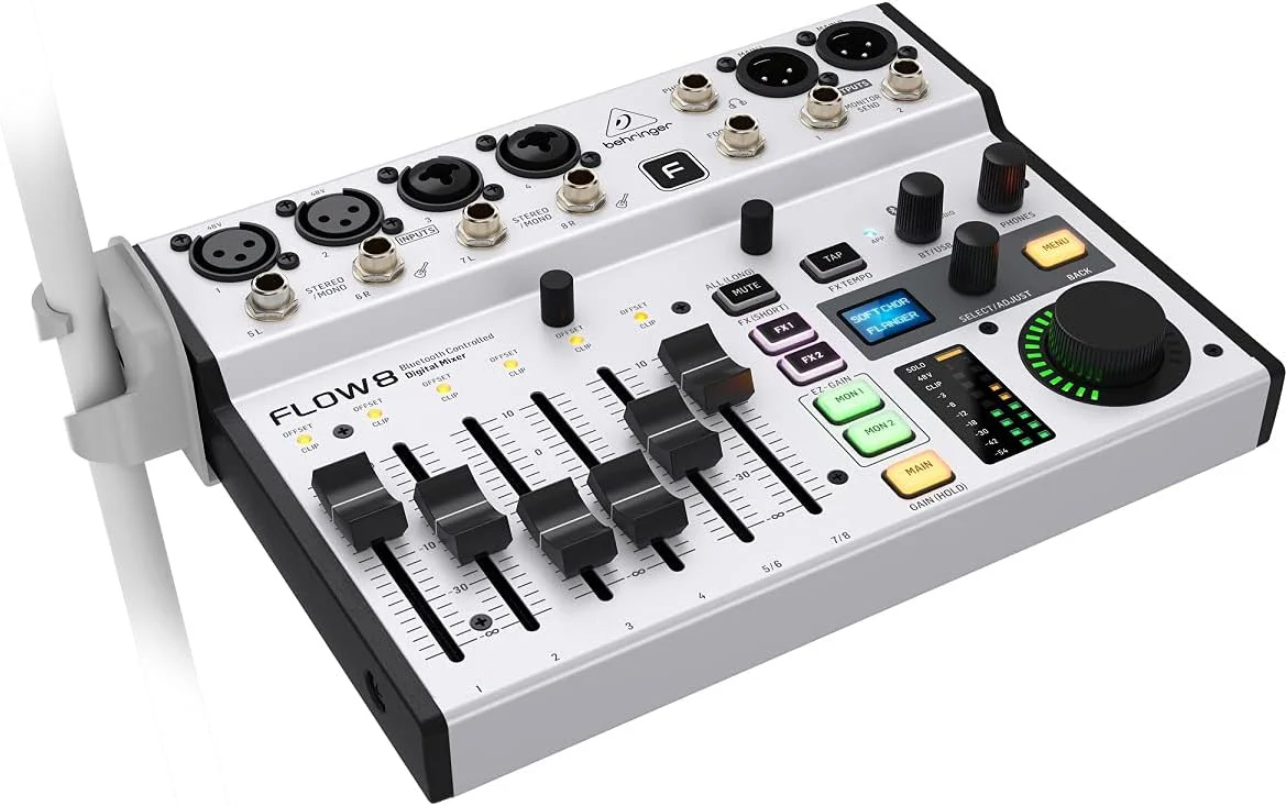 Behringer FLOW 8 8-Input Digital Mixer with Bluetooth Audio and App Control, 60mm Channel Faders, 2 FX Processors and USB/Audio Interface