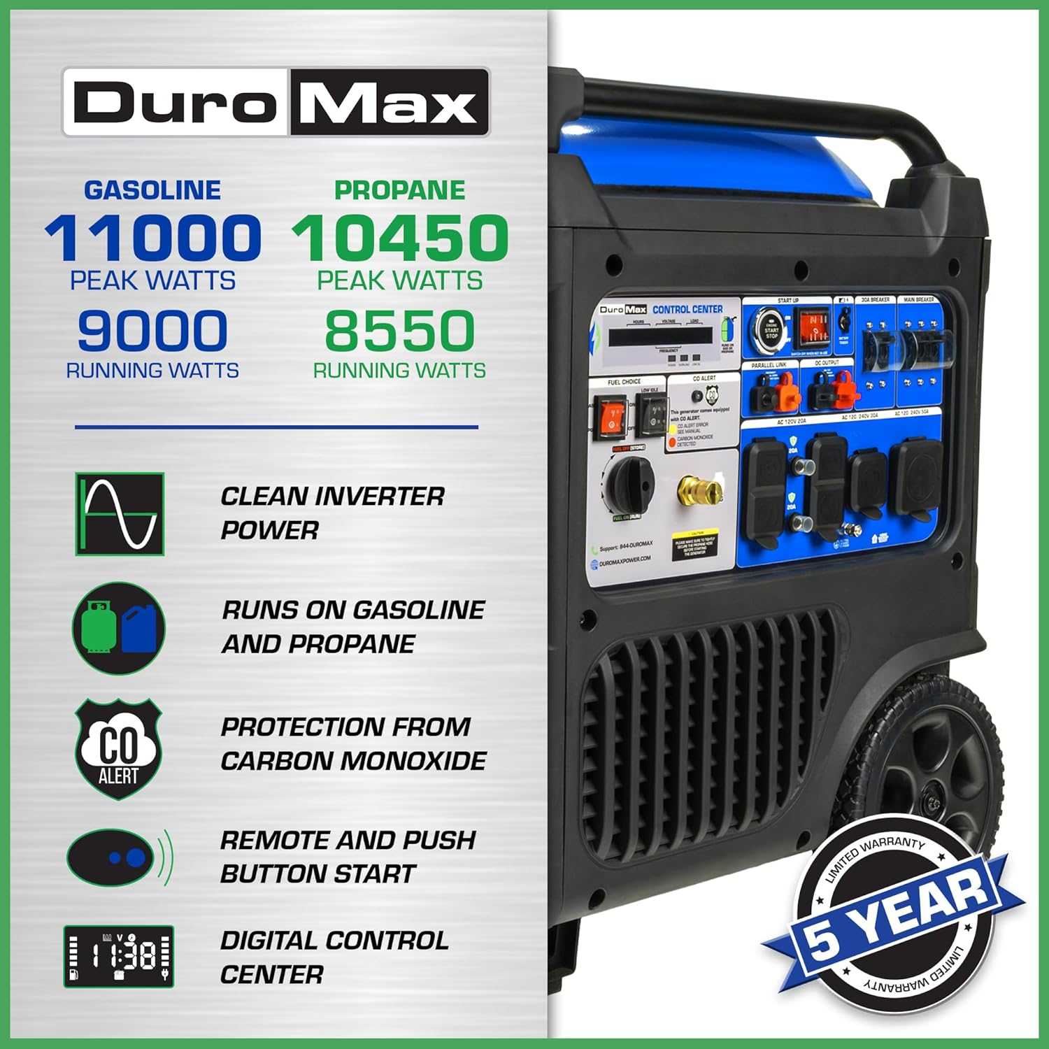 DuroMax XP11000iH 11 000-Watt Dual Fuel Portable Digital Inverter Generator - Gas & Propane  Remote Electric Start  Transfer Switch Ready  RV & Emergency Ready