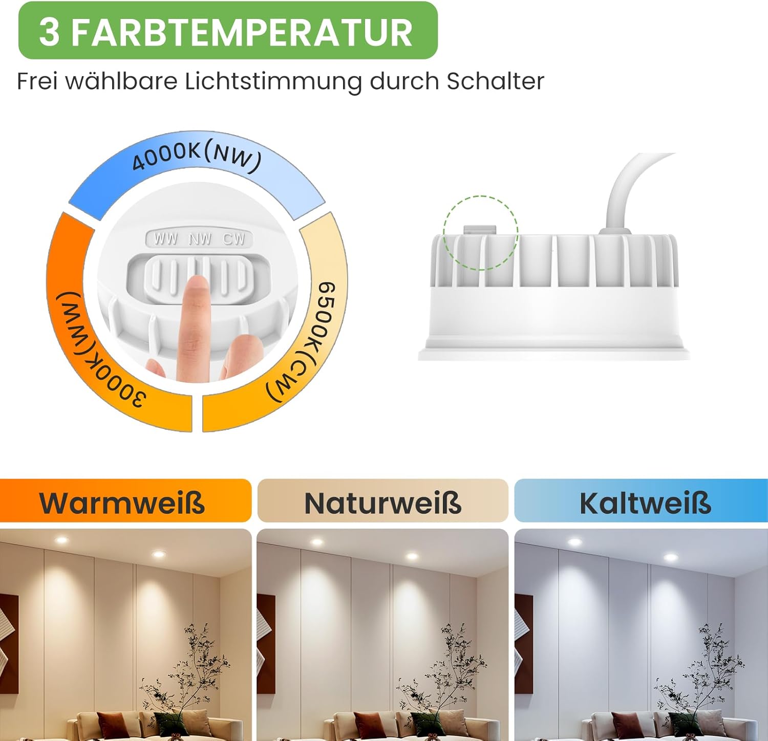 ALUSSO LED Modul Ultra Flach ø50x25mm für Einbaustrahler, 6W 540lm 230V, 3CCT Warmweiß Naturalweiß Kaltweiß Dimmbar, Ersetzt GU10 MR16 Leuchtmittel, IP44 Wasserdicht, 48er