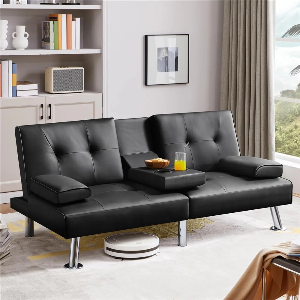Yaheetech Convertible Sofa Bed Adjustable Couch Sleeper Modern Faux Leather Home Recliner Reversible Loveseat Folding Daybed Guest Bed, Removable Armrests, Cup Holders, 3 Angles, 772lb Capacity, Brown