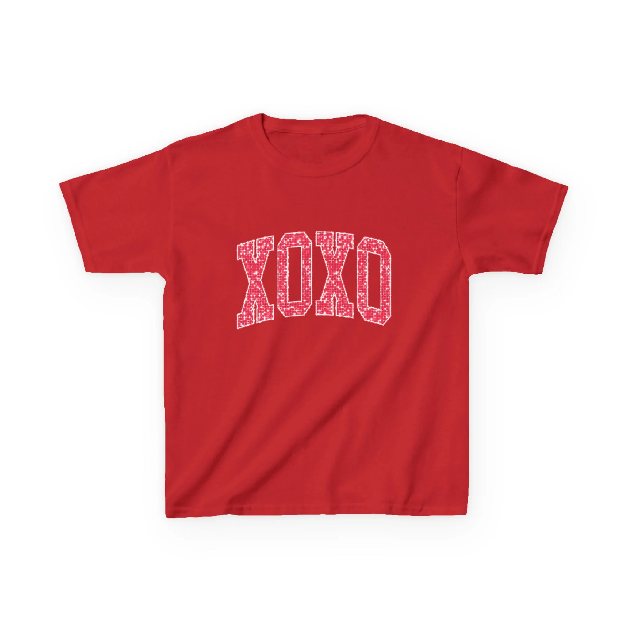 XOXO Kids Tee, Valentine Heart Pattern, Pink Lettering