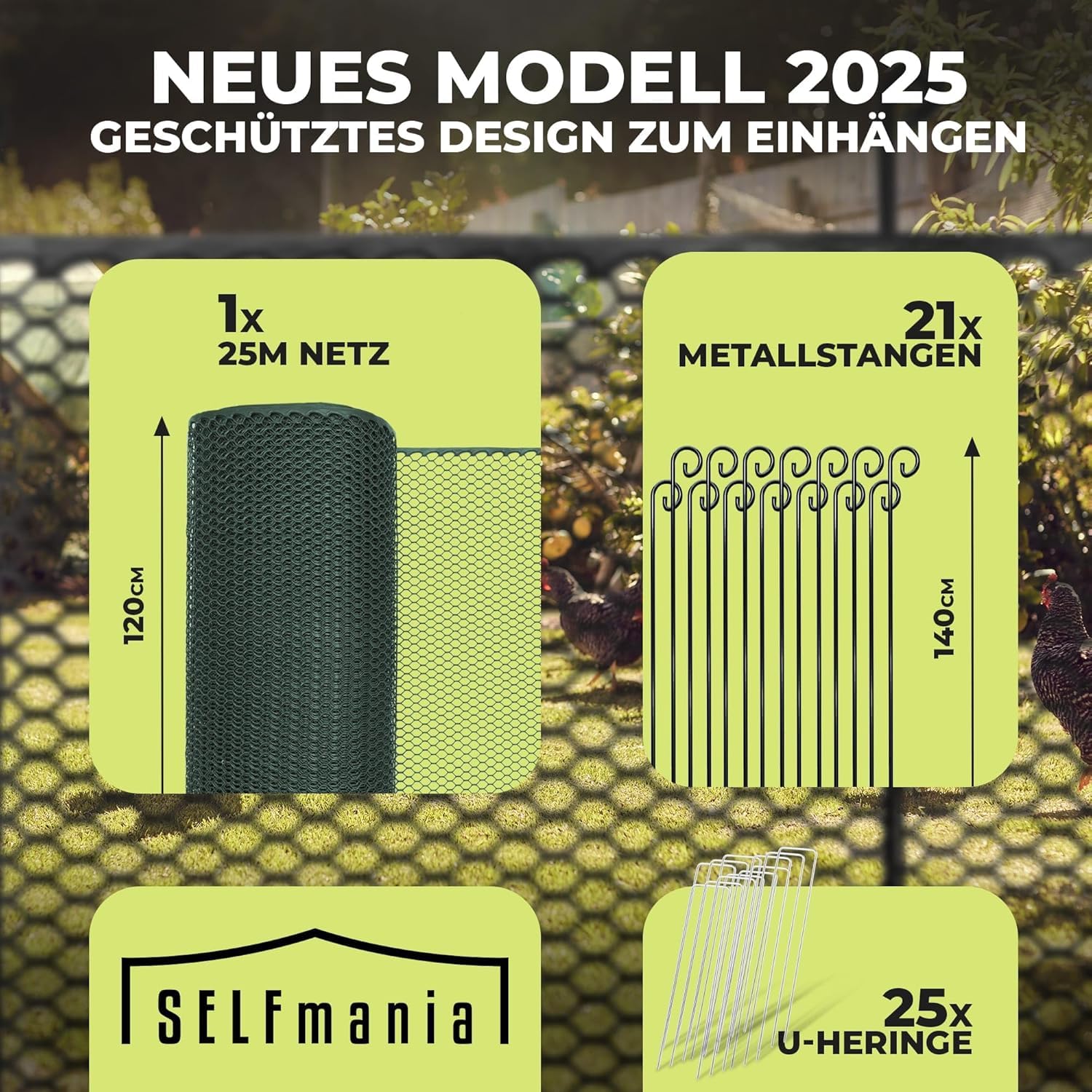 SELFmania Hühnerzaun 25m lang | ENGMASCHIG STABIL UV-SCHUTZ 120 cm hoch | Freilaufgehege Hühner mit 21 Befestigungsstäben + 25 U-Heringe | Hundezaun | Kleintiere | Geflügelzaun | Hühner Zubehör