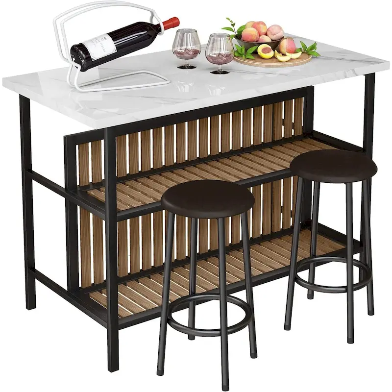 Kitchen Island with 2 Stools and Open Shelves