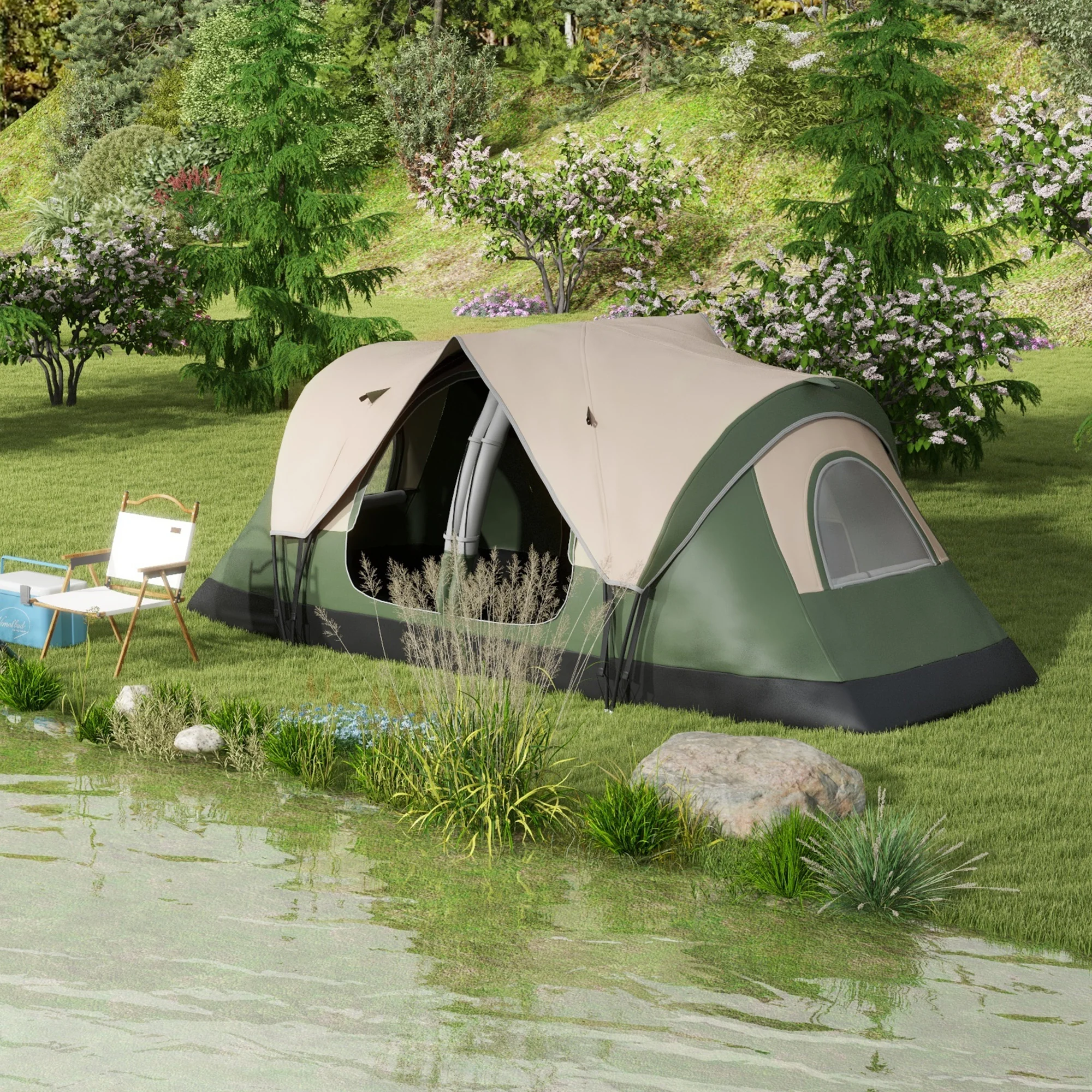Outsunny Campingtent, 2 Ruimtes, Verwijderbare Scheidingswand, voor 6 Personen, Waterdicht, Donkergroen