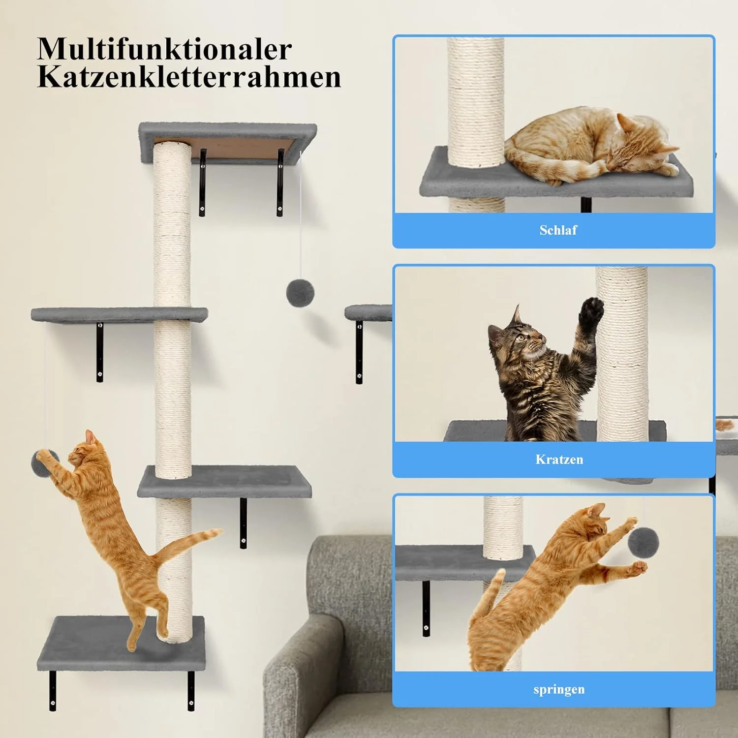 Zvonema Parete da arrampicata 10 pezzi-Amaca per gatti,Ponte sospeso con sisal antiscivolo,Tiragraffi con sisal,Riposo e mensola da parete da gioco con pallina,Parete da arrampicata per gatti fino a 10 kg