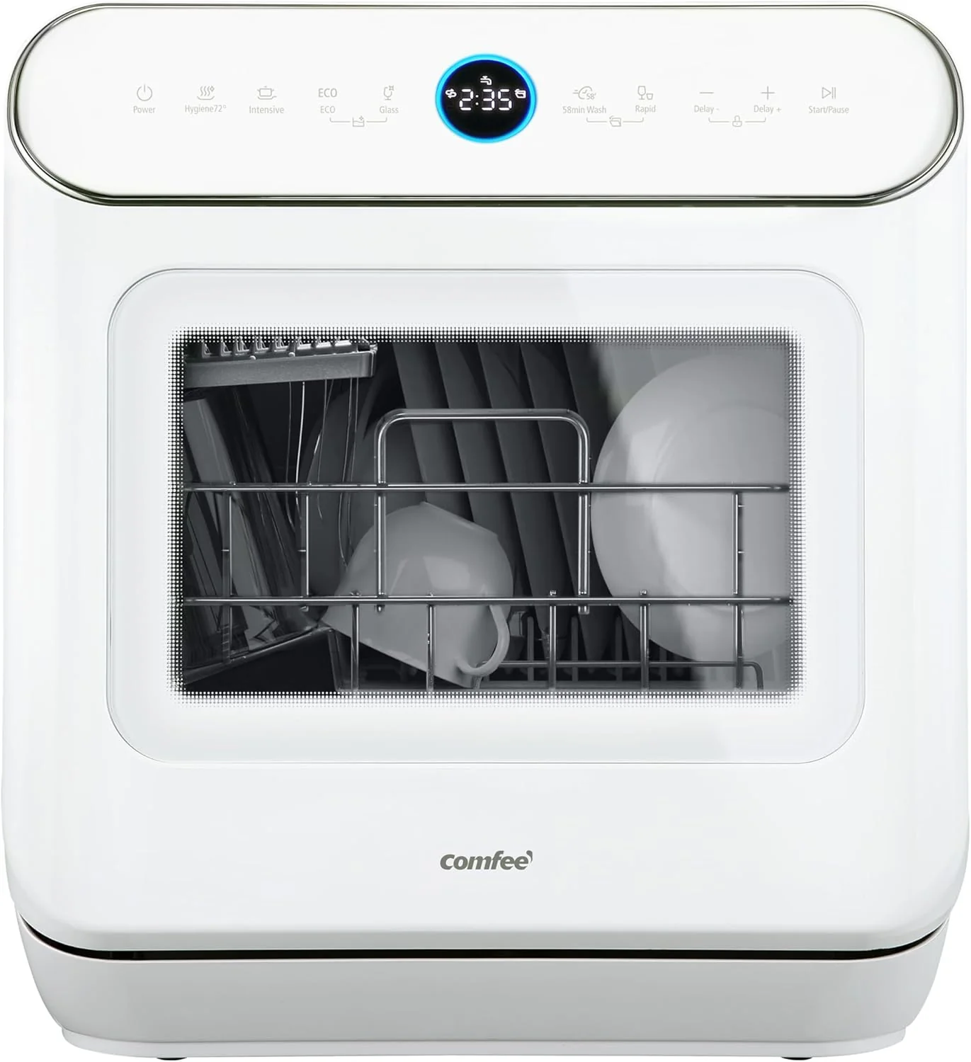COMFEE Countertop Dishwasher, Mini Desktop Dishwasher with 6 Programs, Steam Wash, Baby Care and Fruit Wash, No Plumbing, Delayed Start, 72 Hours Storage, White
