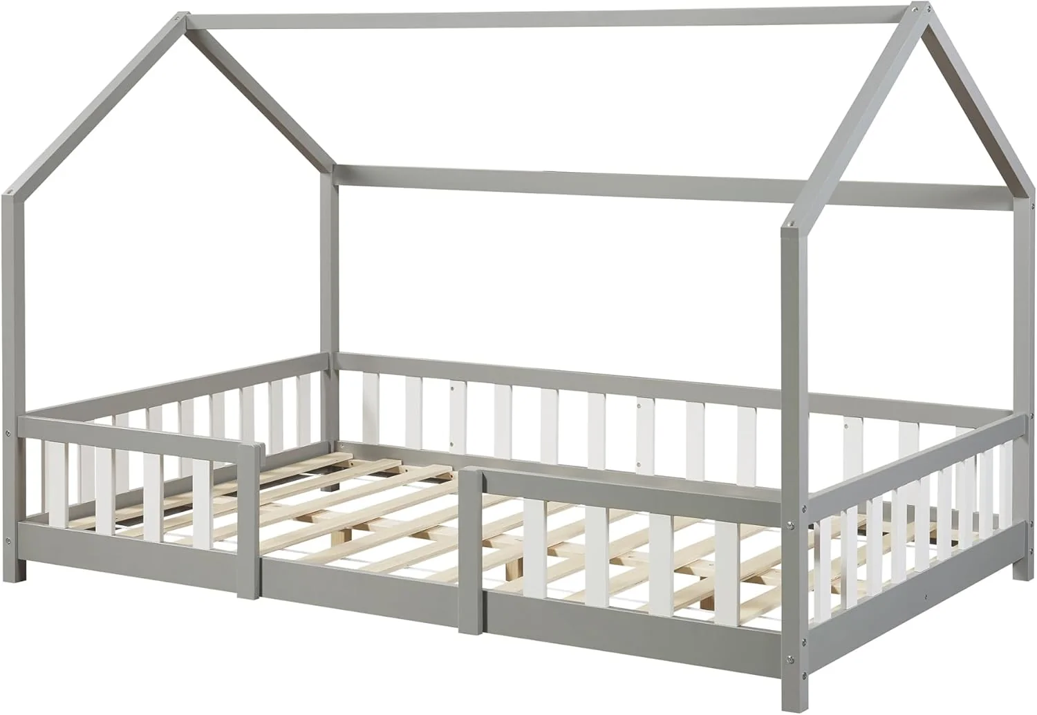 [en.casa] Letto per bambini Sisimiut a capanna 80 x 160 cm con protezione anticaduta letto in legno per bambini letto a terra rete a doghe in legno di pino Bianco opaco