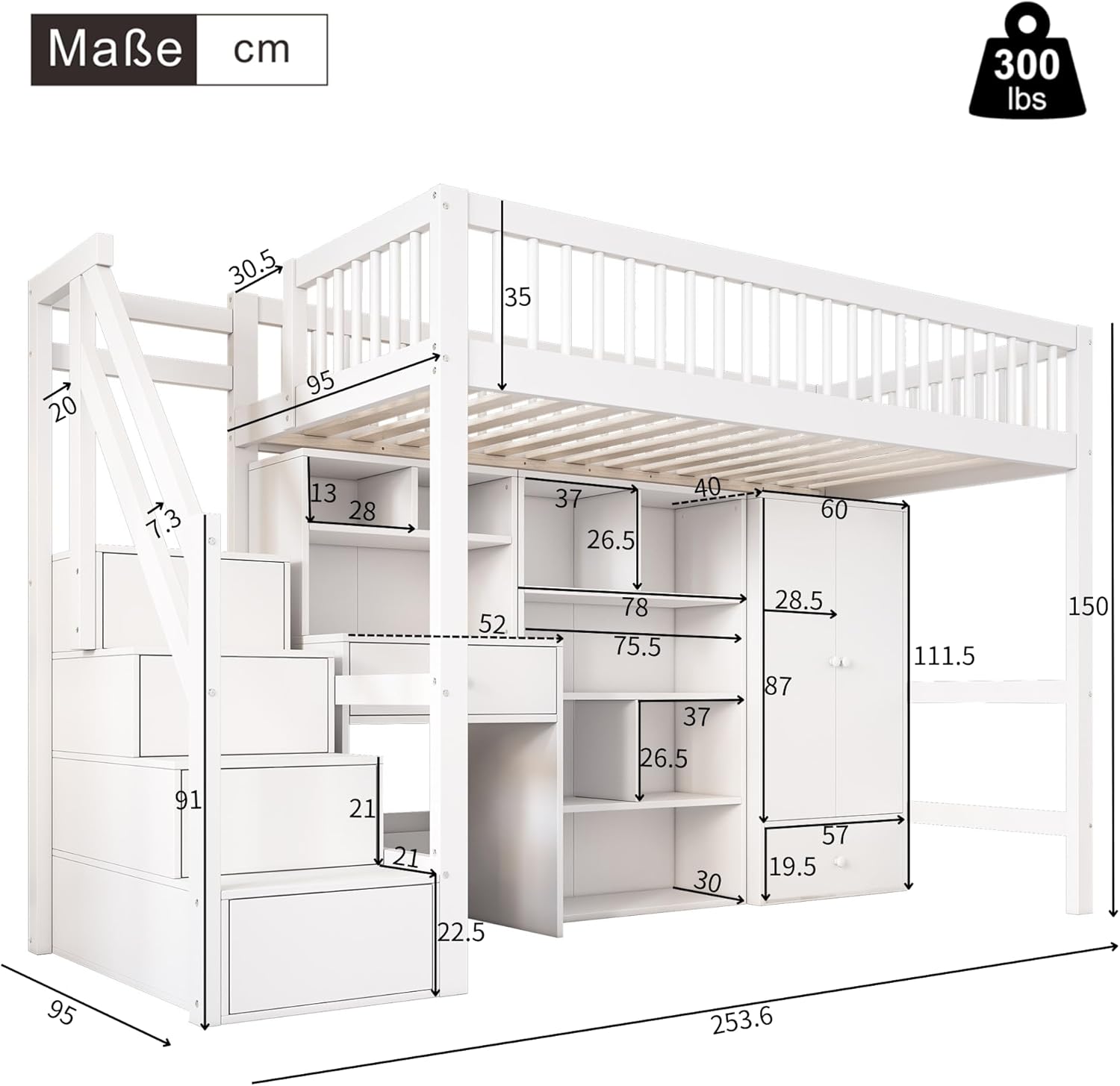 Kinderbett Etagenbett 90x200, Hochbett mit Kleiderschrank&Schließfächern&Schubladen&Schreibtisch&Treppe, Einzelbett Holzbett Jugendbett mit Lattenrost&Rausfallschutz, Massivholz, Ohne Matratze, Weiß
