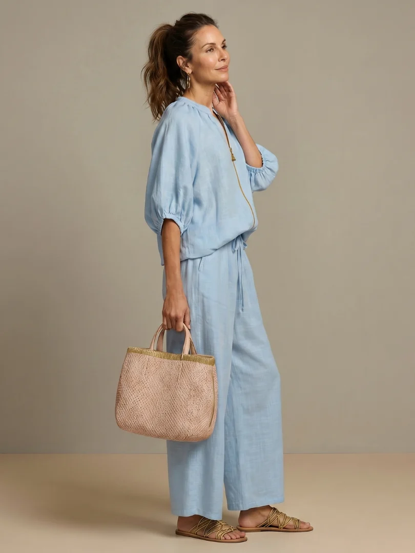 Women��s Two-Piece Zip Front Blouson Top and Wide Leg Trousers Set