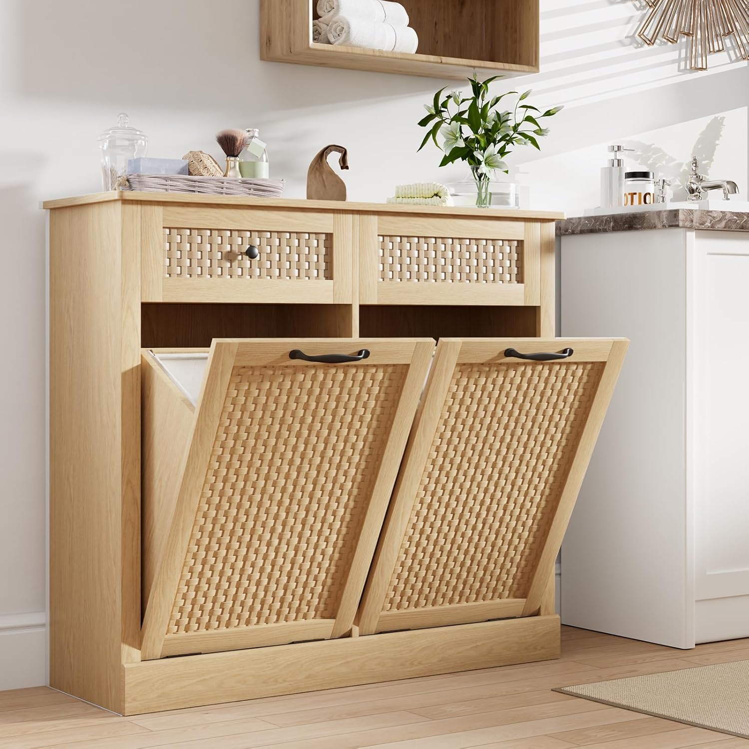 Double Tilt Out Laundry Hamper Cabinet, Rattan-Style Laundry Room Organization with Removable Laundry Basket, Hidden Wood Dirty Clothes Hamper with Drawers, 39