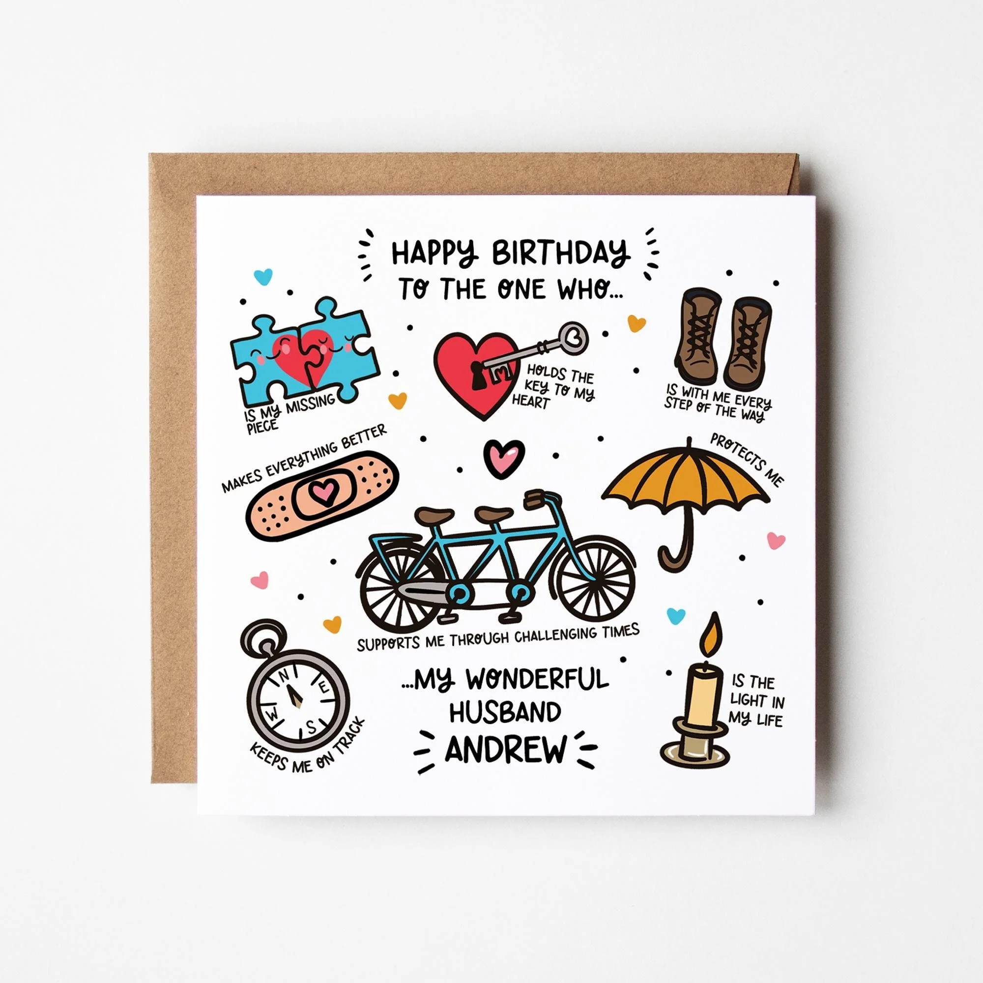 Husband Birthday Card, Personalised Supportive Husband Greeting With Kraft Envelope