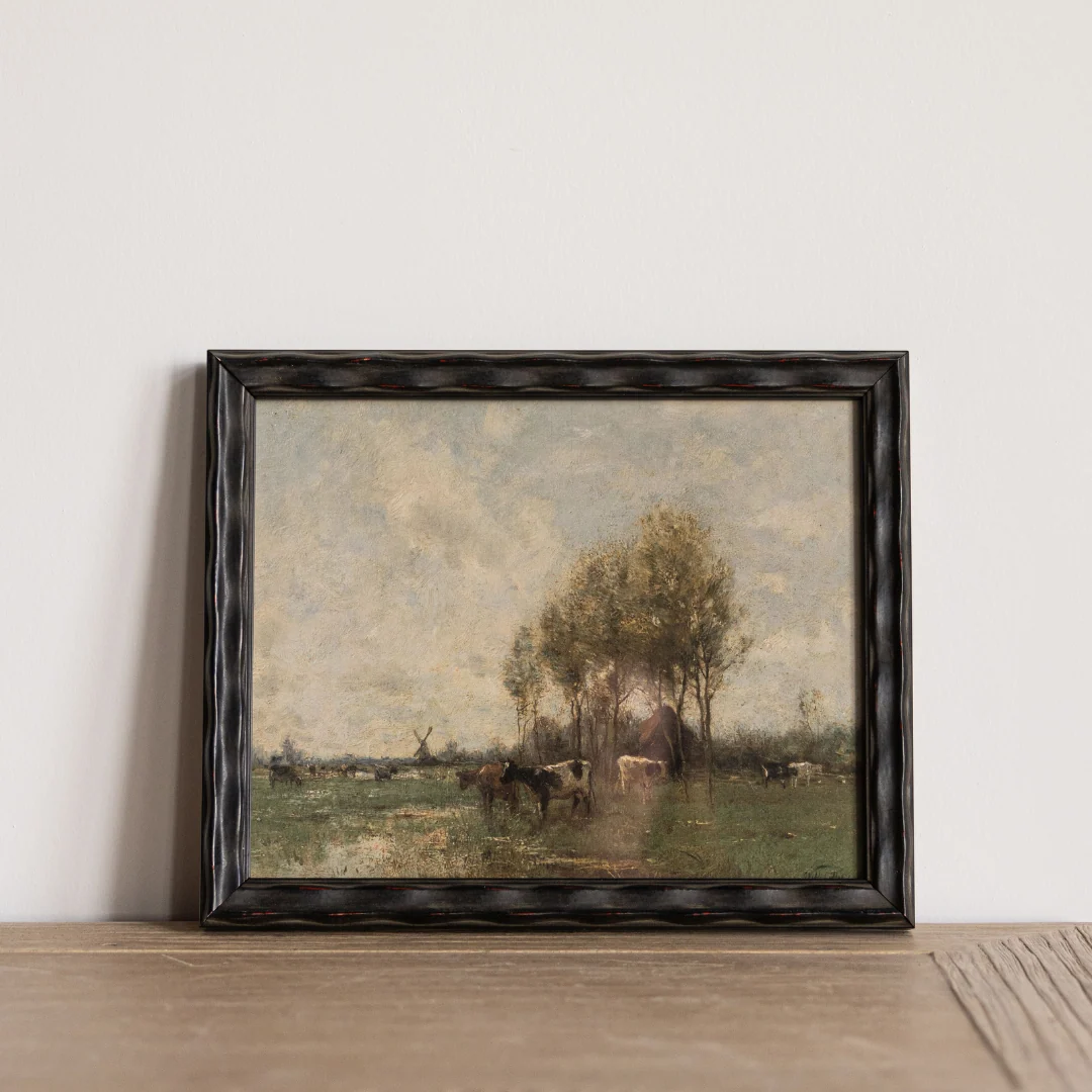 Vintage Oil Painting Cows In Pasture Framed Art
