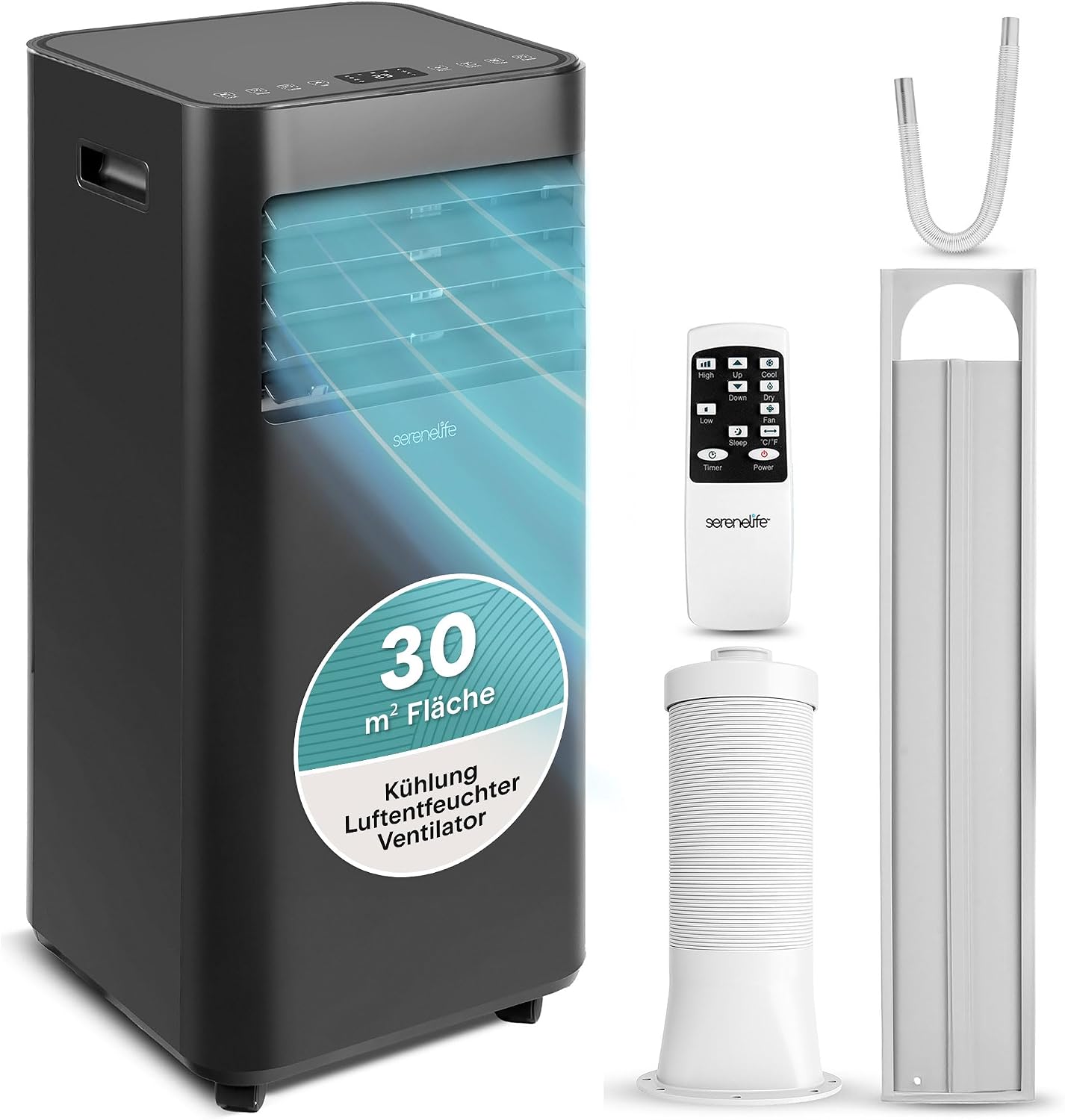SereneLife Schwarz Mobiles Klimagerät 9000 BTU 2,64kW für 28 m² – Air Conditioner mit Abluftschlauch, 3-in-1 mit Entfeuchter und Ventilator, Leise 54 dB, inkl. Fensterkit und Fernbedienung
