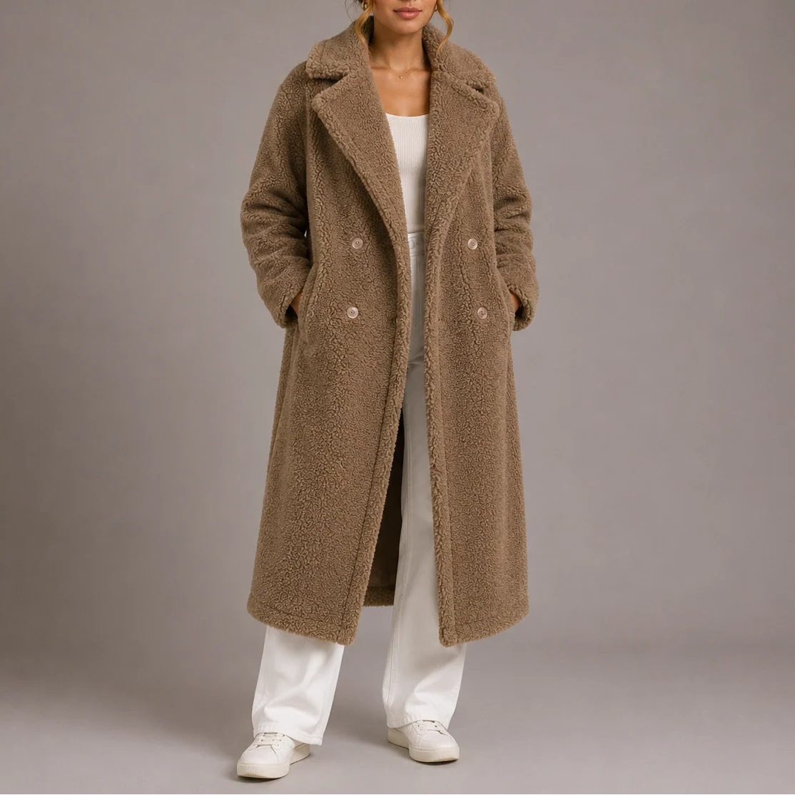 Women��s Long Teddy Coat Double-Breasted Faux Fur Style