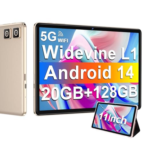 Tablet 11 Pollici Android 14 con Widevine L1, 8000 mAh   Ricarica Rapida 18 W, 5MP 13MP, 20 GB RAM 128 GB ROM (Espandibile Fino a 1 TB), 5G Wi Fi, GPS, Octa Core 2.0 GHz, 1280*800, Face ID, USB C, Oro : Informatica